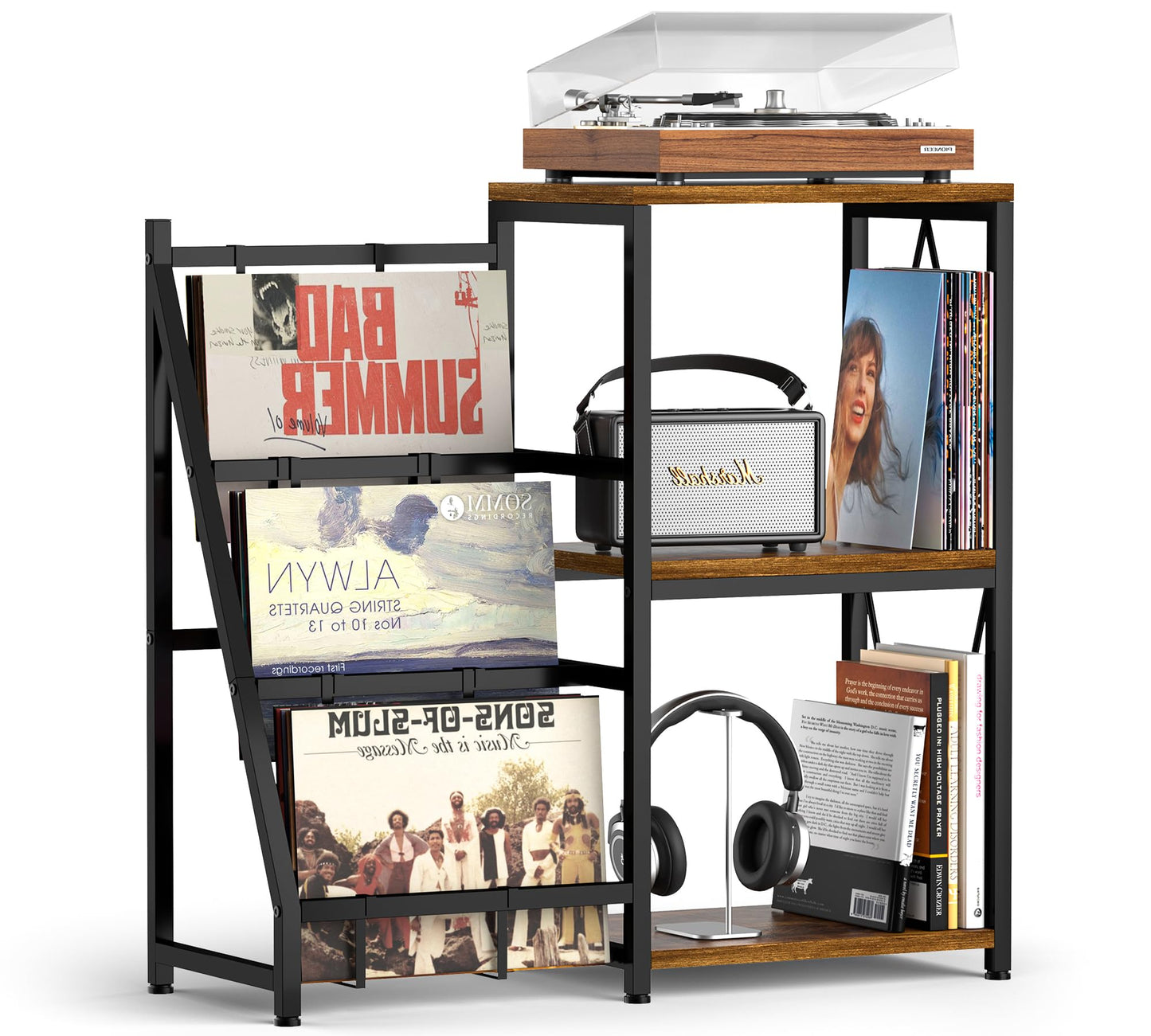 Y&M Record Player Stand with Vinyl Storage, Vinyl Record Shelf Holds Up to 200 Albums, 3-Tier Turntable Stand Table, Record Display Shelf for Album CD, End Table for Bedroom, Living Room