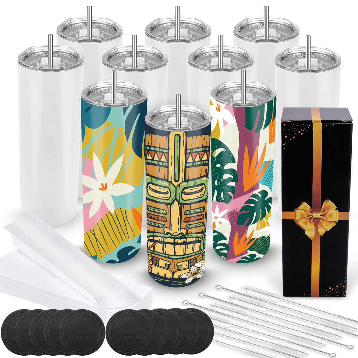 Joyclub 20 oz 10 Pack Skinny Straight Stainless Steel Insulated Tumblers with Lid and Straw, Gift Box