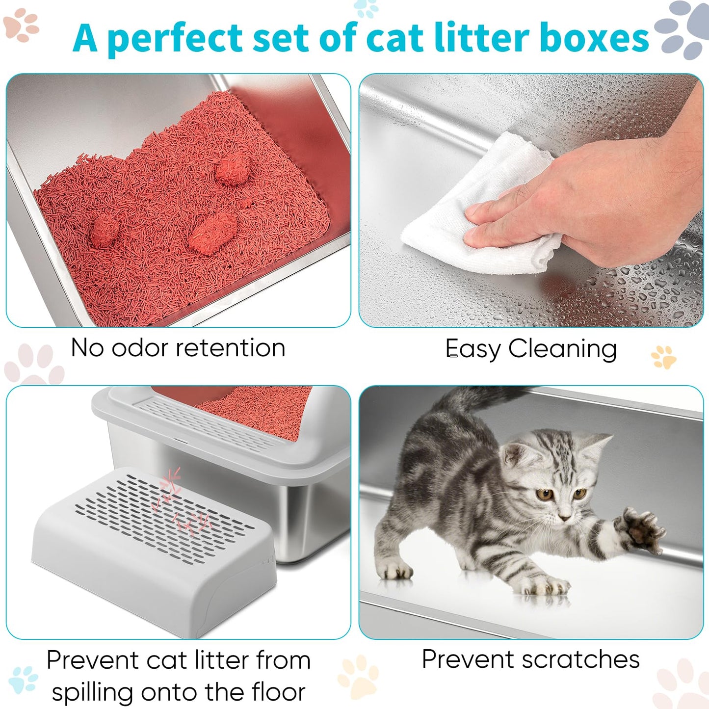 Stainless Steel Cat Litter Box with Lid, Extra Large Metal Litter Boxes for Big Cats & Kitten, XL High Sided Litter Box,Odorless,Non-Stick,Easy Cleaning, Step & Scoop Included