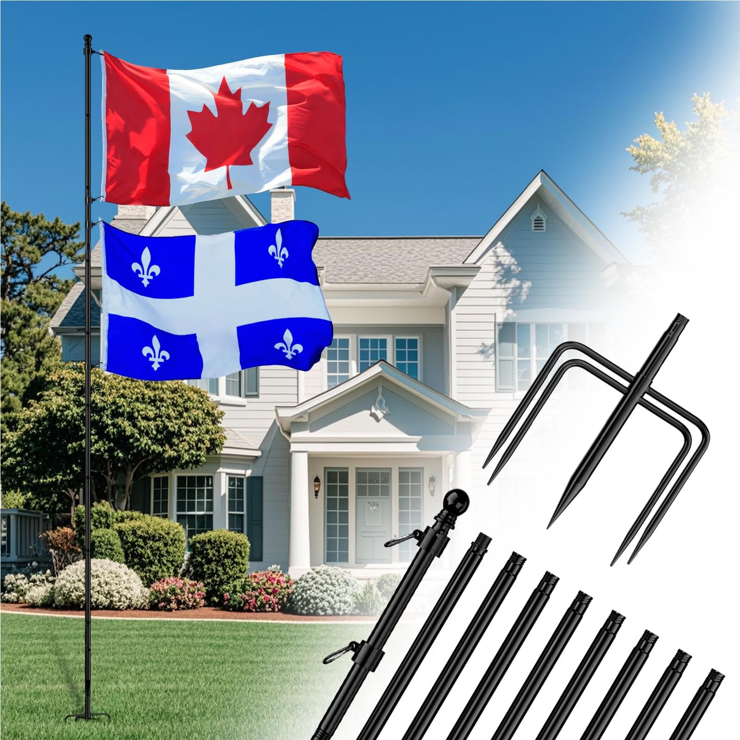 ZMTECH 12FT Flag Pole with 5 Pronges Base in Ground for Yard,Tangle Free Spinning Stainless Steel,Heavy Duty Windproof Ground Flag Poles for 2 Flags | Outside House Residential or Commercial 1 Pack