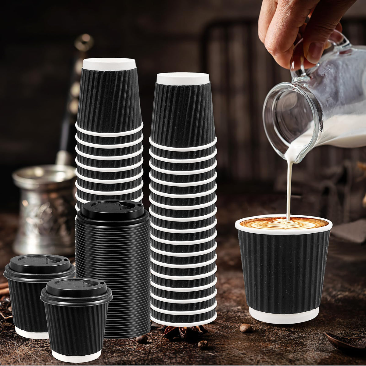 100 Set Paper Espresso Cups with Lids, 4oz Disposable Coffee Cups, Small Hot Drink Tea Cup, Insulated to Go Coffee Cups for Cocoa, Hot Chocolate, Milk, Iced Tea, Cold Drinks, Juice, Water - Black