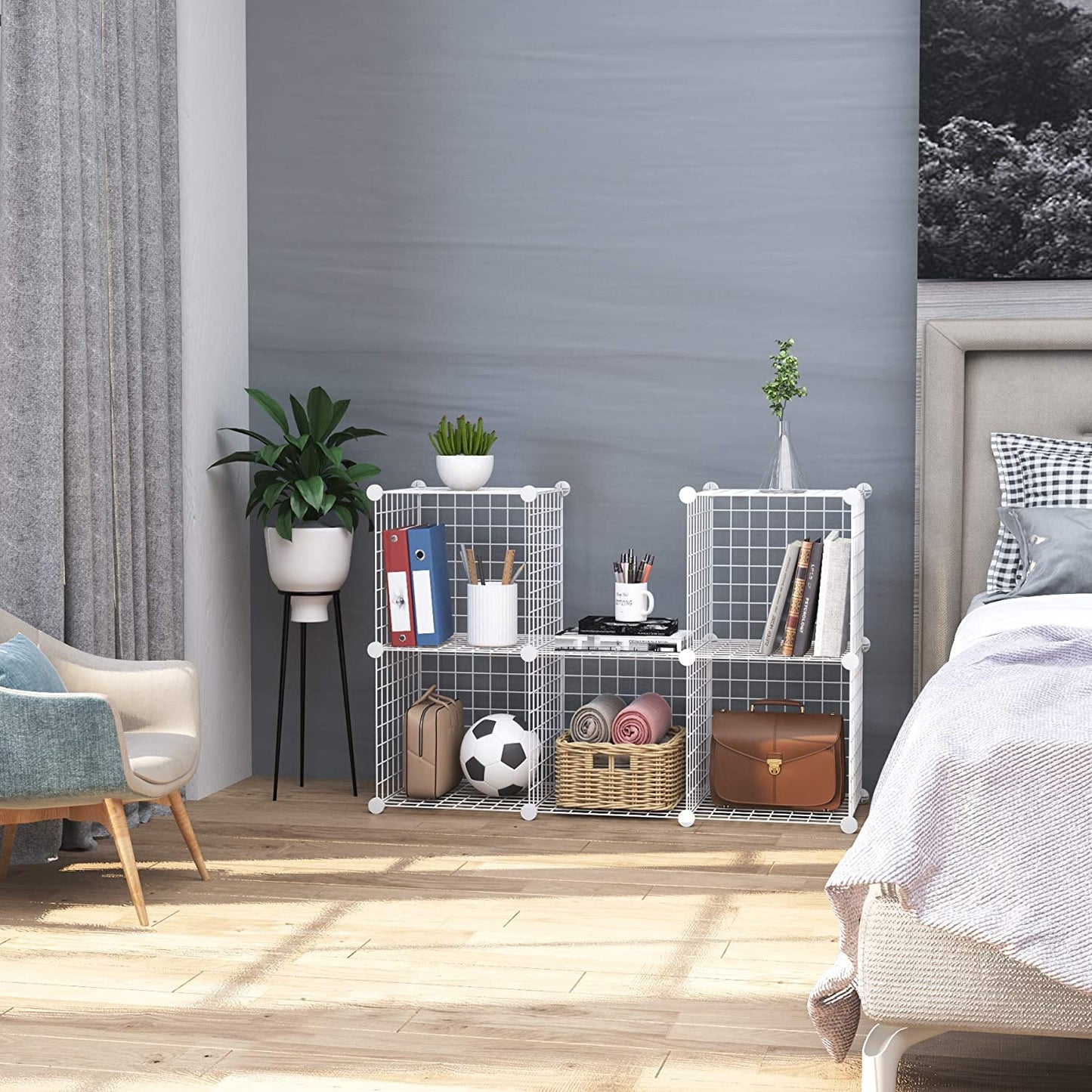 C&AHOME Wire Storage Cubes, Metal Grids Book Shelf, Modular Shelving Units, Stackable Bookcase, 6 Cubes Closet Organizer for Home, Office, Kids Room, 36.6”L x 12.4”W x 36.6”H White