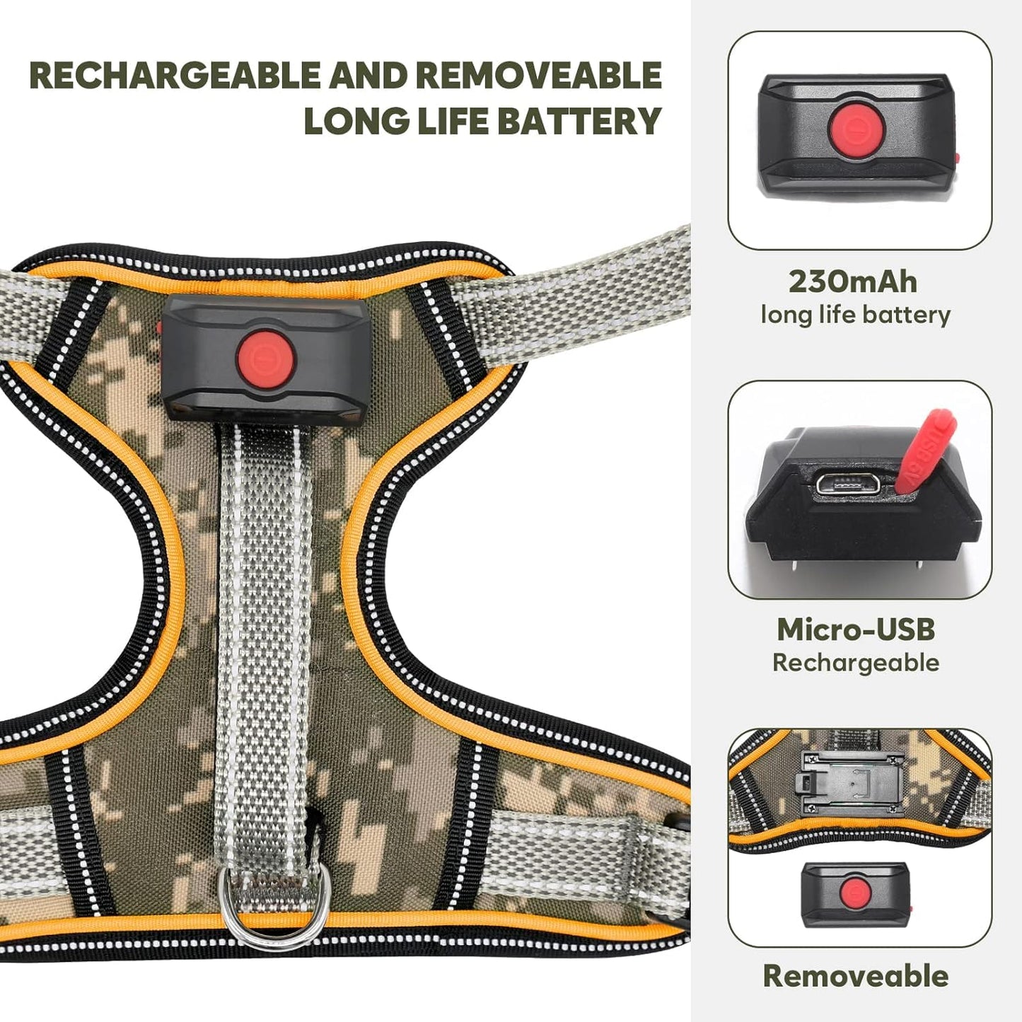 BiPawTi Light Up Dog Harness No Pull, LED Dog Harness Rechargeable/Reflective/4 Point Adjustable/High Visibility Lighted, Glowing Pet Vest Harness for Night Walking - Orange, XL