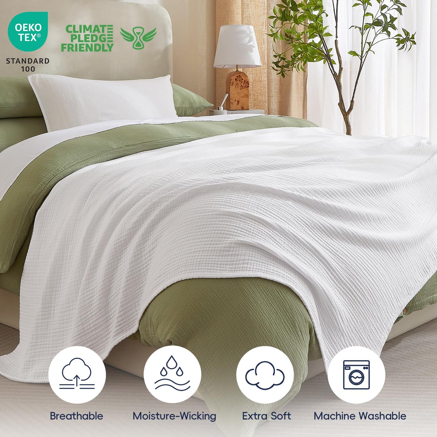PHF 100% Cotton Muslin Blanket Queen Size 90" x 90", 4-Layer Lightweight and Breathable Blanket for Summer, Luxuriously Soft Gauze Bedding for Home Decor, White