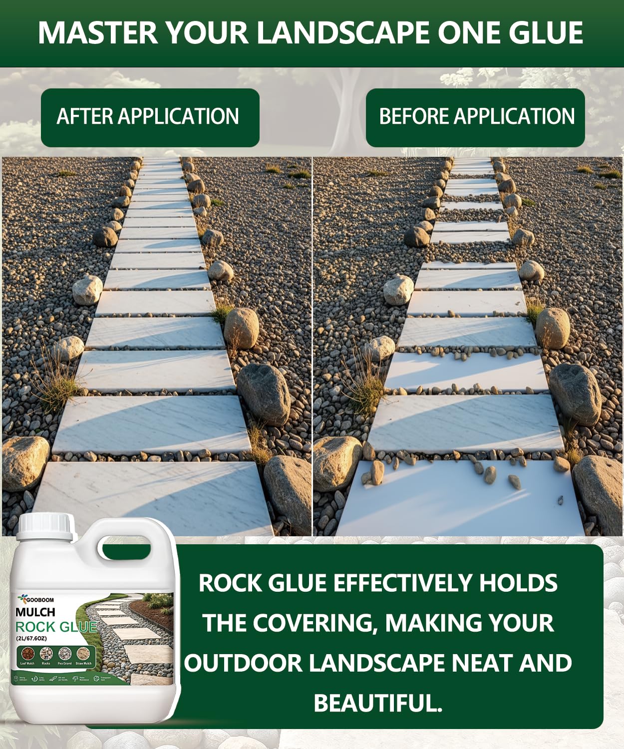 GooBoom 66.7 OZ Rock and Mulch Glue for Landscaping – Clear Drying Landscape Adhesive Spray for Gravel, Pea Gravel & Bark – Weather-Resistant Outdoor Glue for Weed Control & Decorative Appeal
