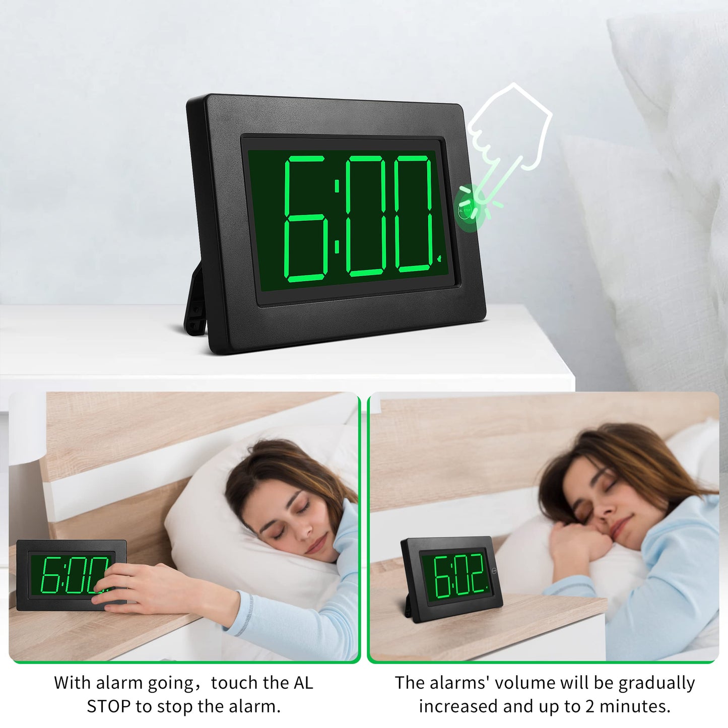 KWANWA Large Digital Alarm Clock, 3" LED Display Battery Operated, Dimmable Auto Night Mode, Easy to Read for Seniors Visually Impaired, Cordless Wall Clock or Table Clock for Bedroom Kitchen Office