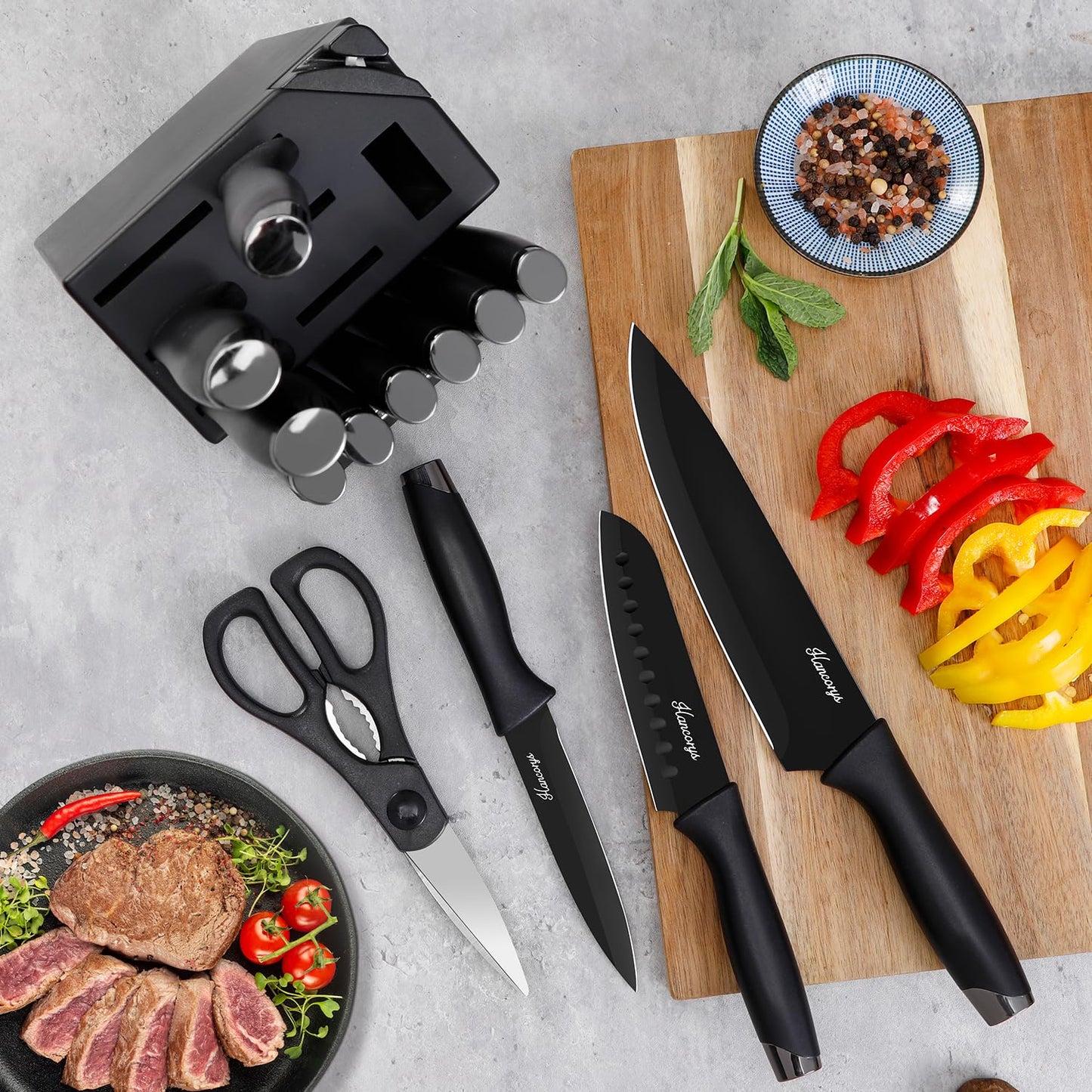 Hancorys Knife Sets for Kitchen with Block, 15 Pieces Chef Knife Set with Self Sharpening, Stainless Steel Nonstick Ceramic Anti-Rust Coating Blades, Ergonomic Handle, Black Grey