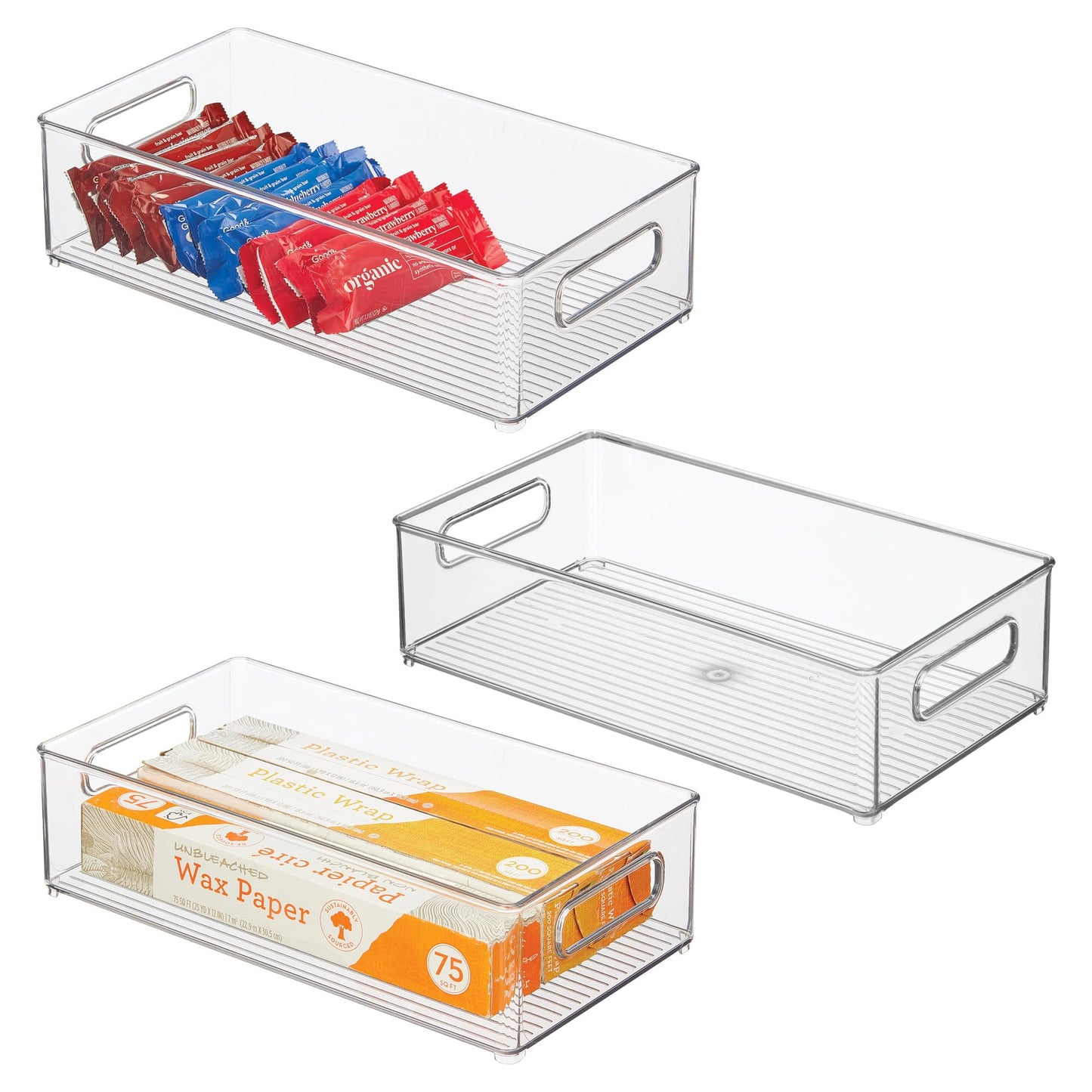 iDesign Plastic Refrigerator and Freezer Storage Bin with Lid, BPA- Free Organizer for Kitchen, Garage, Basement, 8" x 4" x 14.5", Set of 3, Clear