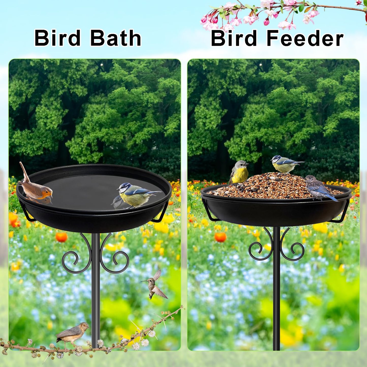 iCHKED 38In Freestanding Bird Bath for Outside, Detachable Birdbaths with Metal Stake, Bird Bath Feeder Bowl for Outdoors Garden Patio Yard Lawn,Sturdy Upgraded 5 Pronged Base (Black)