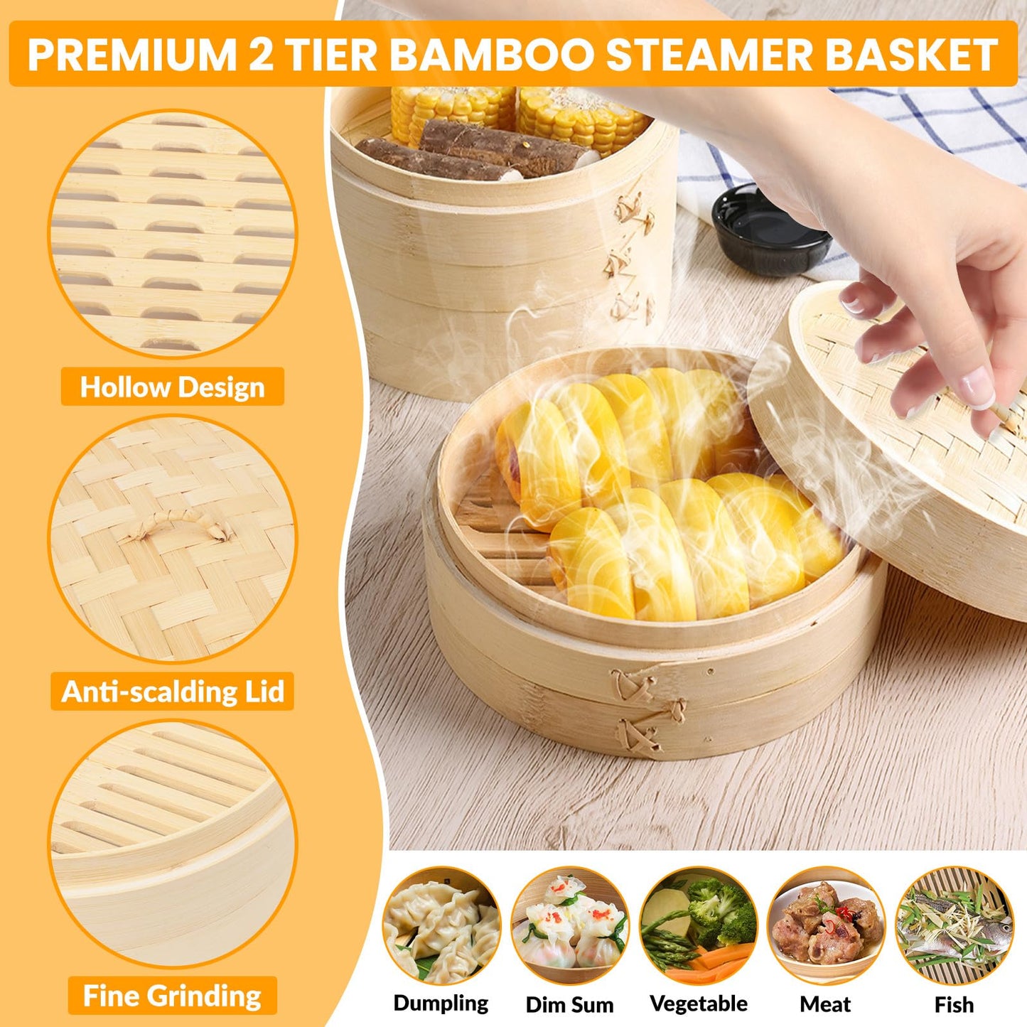 62 PCS 10 Inch 2 Tier Bamboo Steamer, Bamboo Steamer Basket, Dim Sum Basket, with 1Ring Adapter, 2Reusable Silicone Liner, 2 pairs of chopsticks, 2Sauce Dishes, 50Paper Liners, 1Ring