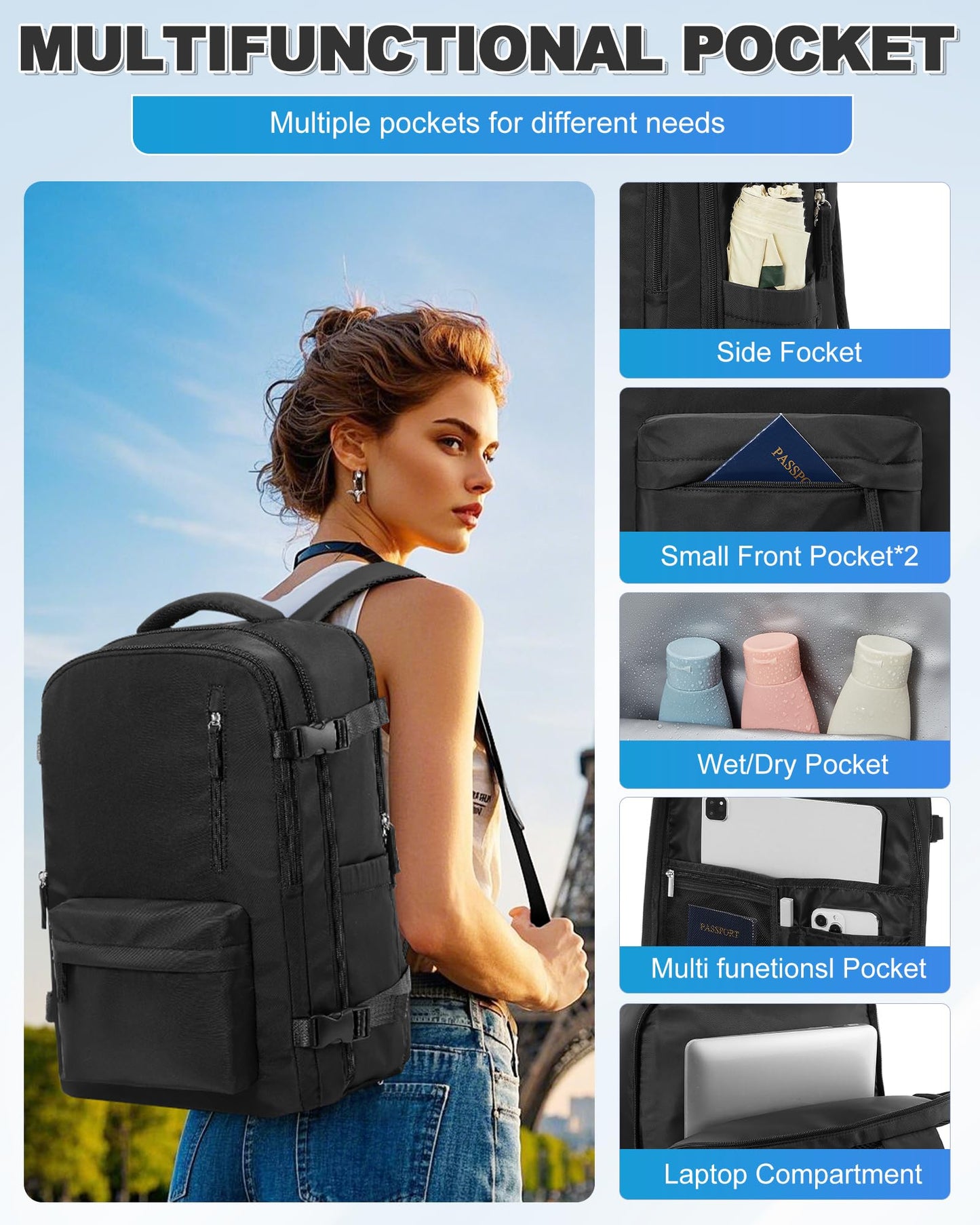 VGCUB Vacuum Backpack Travel with Pump Compression Travel Backpack with Vacuum System Weekender Personal Item Bags for Women Men Carry on Luggage for Airplanes Waterproof Black