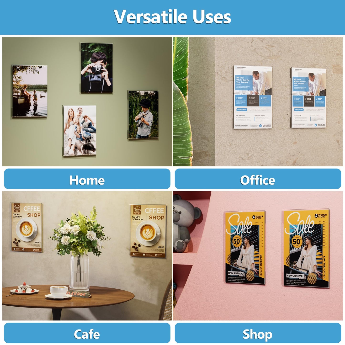 8 Pack Acrylic Sign Holder, 8.5 X 11 inch Wall Mount Clear Plastic Paper Sign Display with 3M Tape, Photo Advertising Menu Flyer Display in Home Office, Restaurant, Hotel, and Store