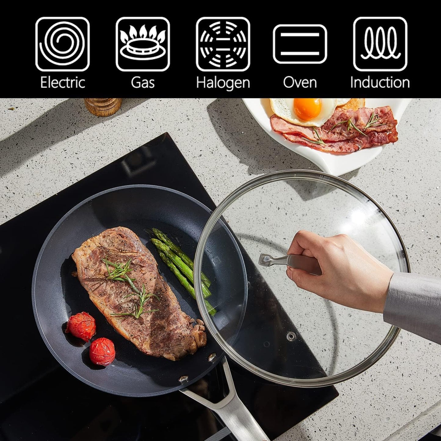 MsMk Non Stick Frying pan Set with lid Blue, 12-inch Durable Skillet, Titanium and Diamond Non Stick Non-Toxic Coating from USA, Even Heating, Easy Clean-Up, Comfort Handle, Induction Compatibility