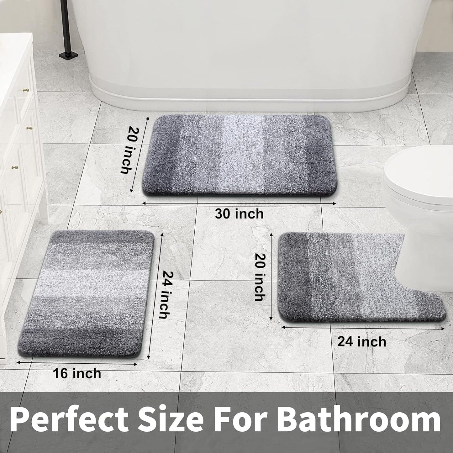 OLANLY Luxury Bathroom Mat Set 2 Piece, Soft Microfiber Absorbent Bath Mat and U-Shaped Contour Toilet Mat, Non-Slip Bathroom Rug Set, Machine Wash, Bath Mats for Bathroom, (24"x16"+24"x20", Grey)