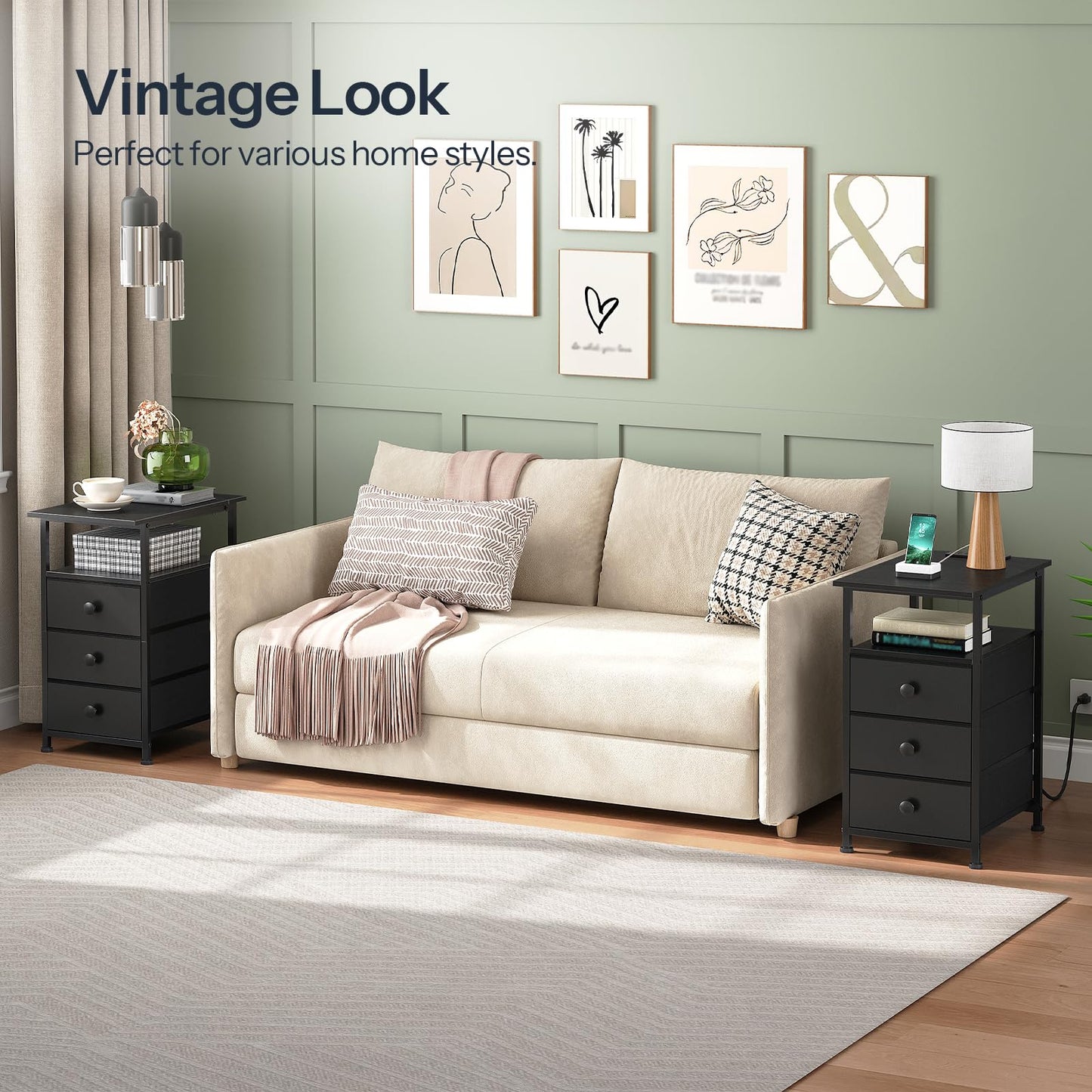HOOBRO End Table, Narrow Side Table with Charging Station, Nightstand with 3 Non-Woven Fabric Drawers, Bedside Table for Small Spaces, for Living Room, Bedroom, Black BB483UBZ01