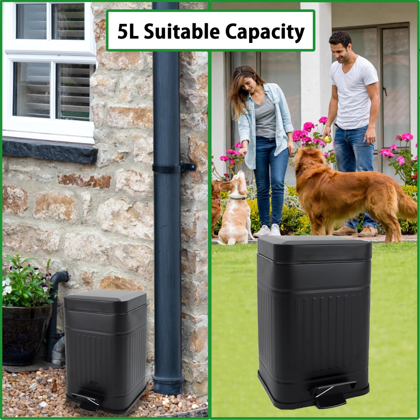 Umtiti 5L Dog Poop Trash Can with Lid for Outdoors，1.3 Gallon Trash Can with Activated Carbon Filter & Plastic Bags, Pet Waste Container，UP5L-BK-Fang