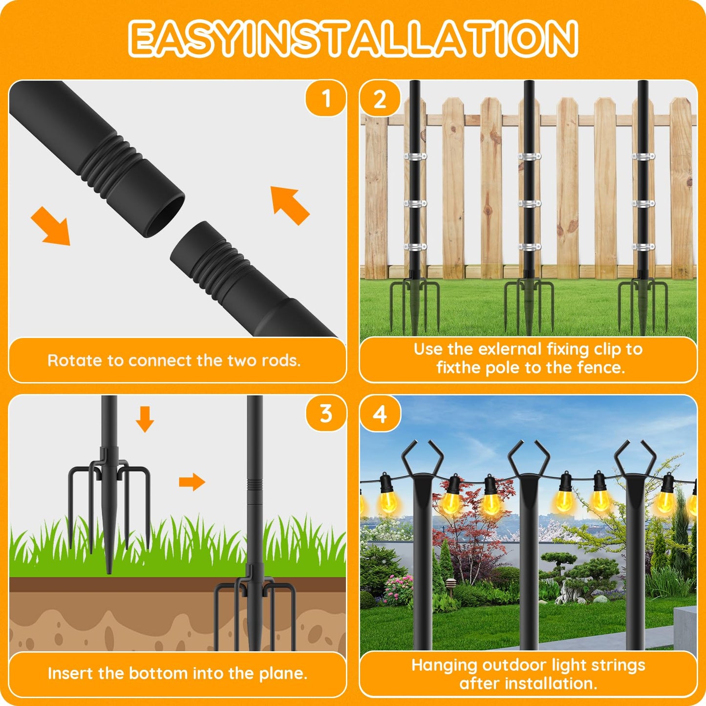 4 Pack 10FT String Light Poles, Metal Light Poles for Outside String Lights,with Fork,Hanging Light Poles for Patio,Backyard,Garden,Deck,Party,Wedding (4 Pack)