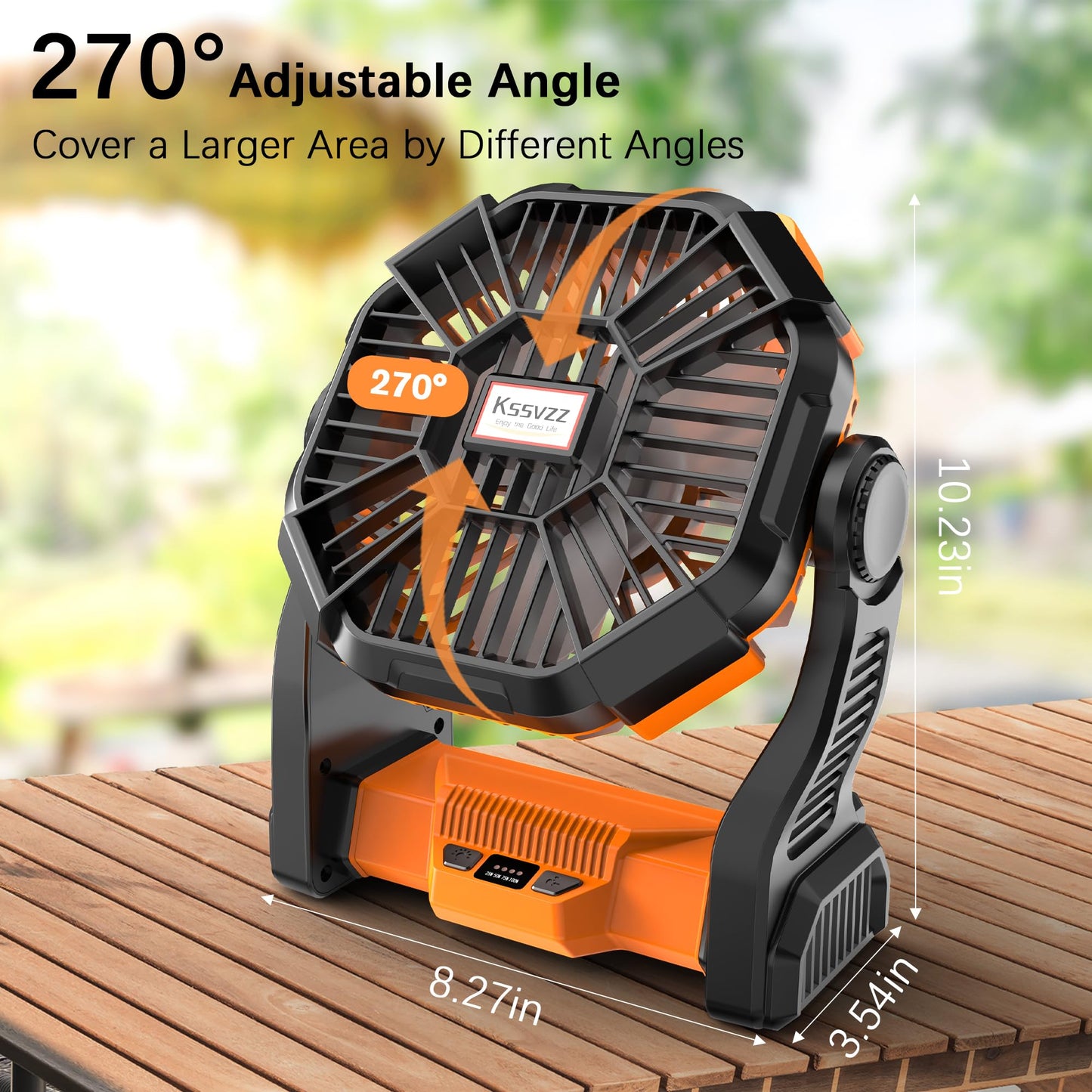 Kssvzz Portable Camping Fan with LED, 20000mAh Rechargeable Battery Powered Fan, 270°Pivot Personal USB Fan, 4 Speed Quiet Table Fan, 9’’ Battery Operated Tent Fan for Travel, Picnic(Orange)