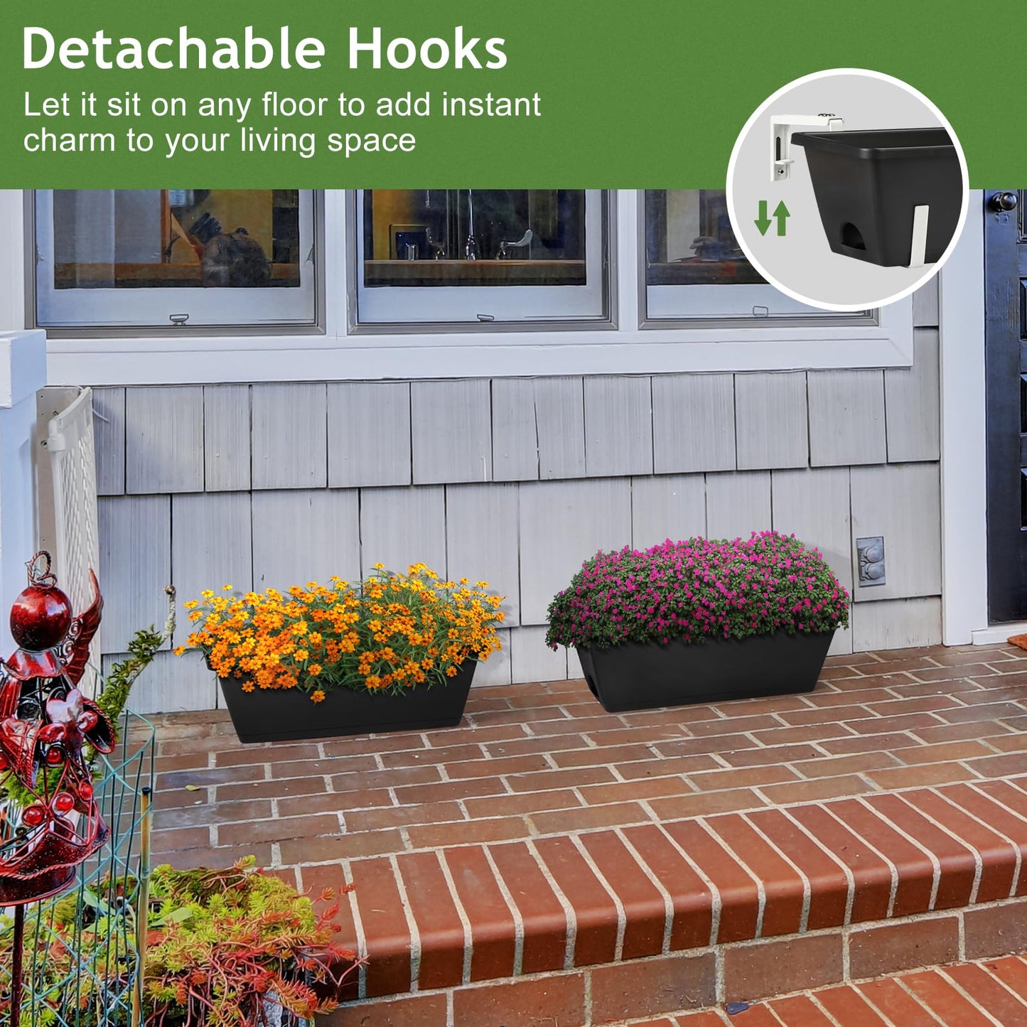 Railing Planter 6 Pack, 16.9 Inch Window Basket Deck Boxes Plastic Flower Rail Planters Holder with Adjustable Detachable Hooks for Outdoor Balcony Porch Patio, Black & White