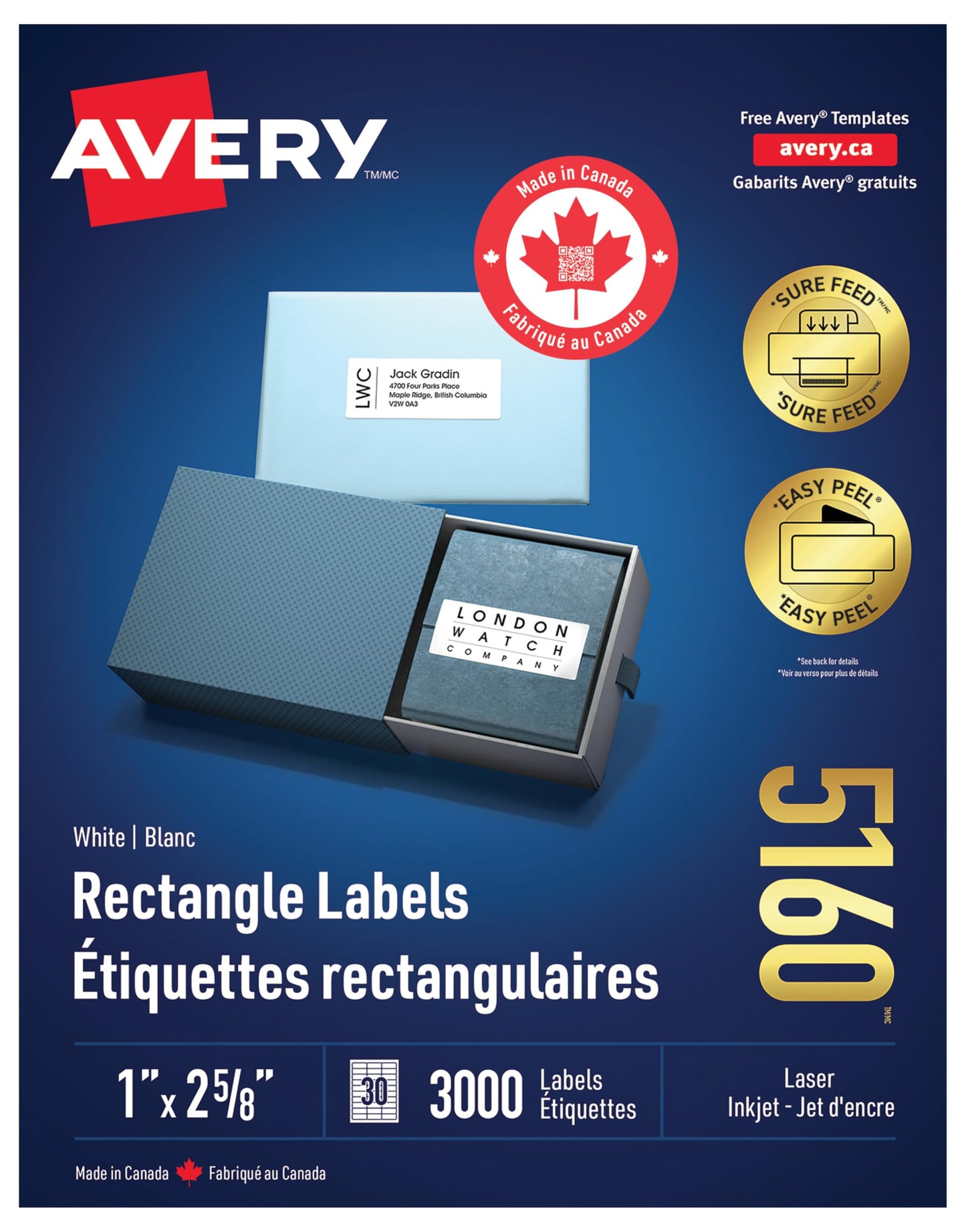 Avery 5160 White Rectangle Labels, 1'' x 2-5/8'' 30up 3000, FBA, Laser/Inkjet Printers Label, Permanent, (5160), Made in Canada