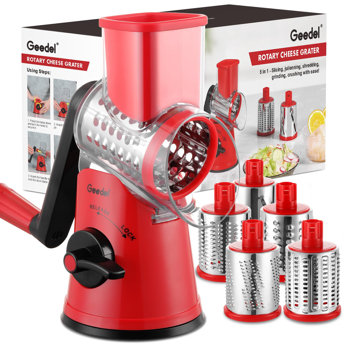 Geedel Rotary Cheese Grater, Mandoline Vegetable Slicer with 5 Interchangeable Blades, Easy to Use Rotary Grater Slicer for Fruit, Vegetables, Nuts