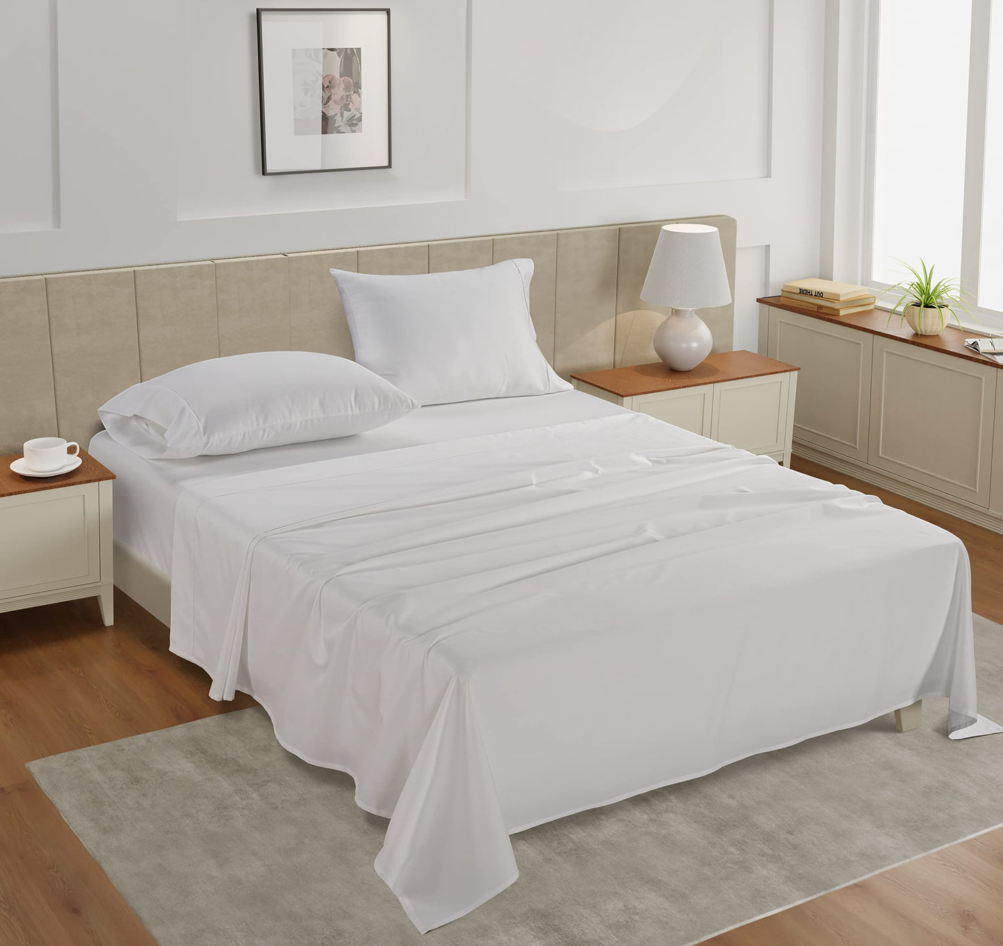Lane Linen 100% Cotton Queen Sheet Set – 4 Piece 450 Thread Count Sateen, Soft & Cooling Bed Sheets for Queen Size Bed with Deep Pockets, Durable & Breathable White Cotton Sheets
