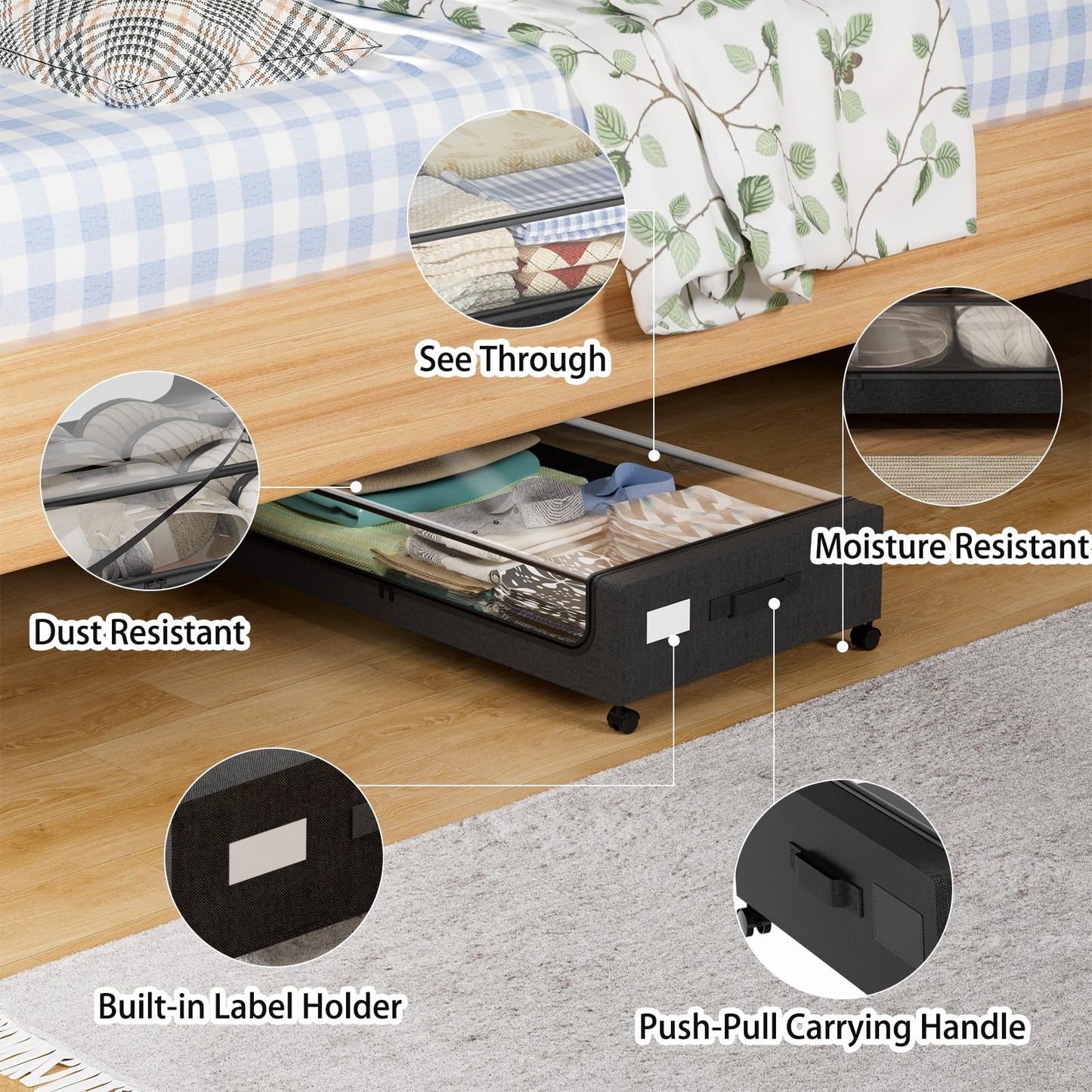 TRUORA 2 Pack Under Bed Storage with Wheels, XXL Underbed Storage Containers with Wheels, Clear Window, Easy Pull-out, Rangement Sous le Lit for Clothes, Blankets, Toys, Shoes and Books