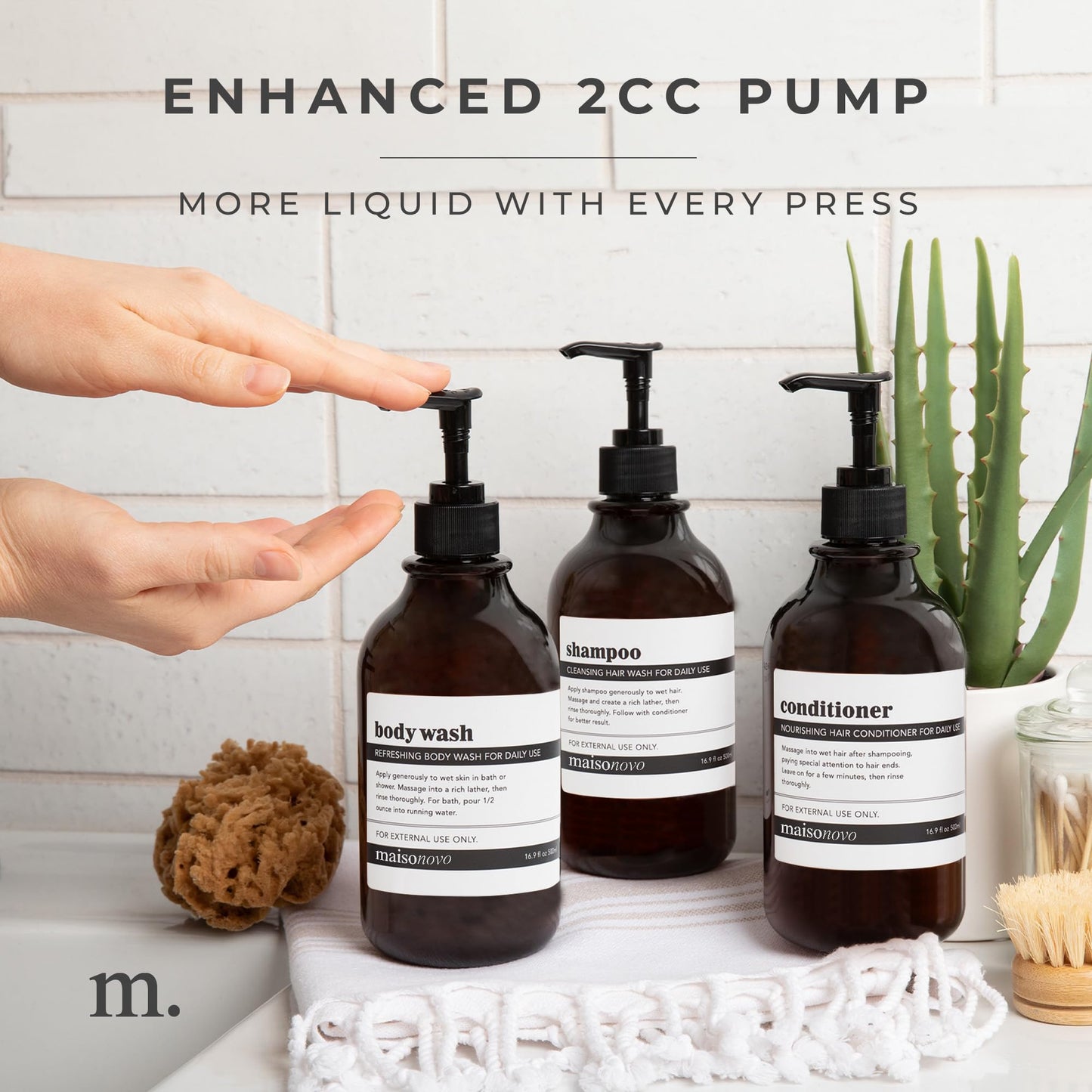 MaisoNovo Shampoo and Conditioner Dispenser Set of 3-500 ml Amber Shower Soap Dispenser with Black Pump - Luxury Shampoo Bottles Refillable for Bathroom with Waterproof Labels