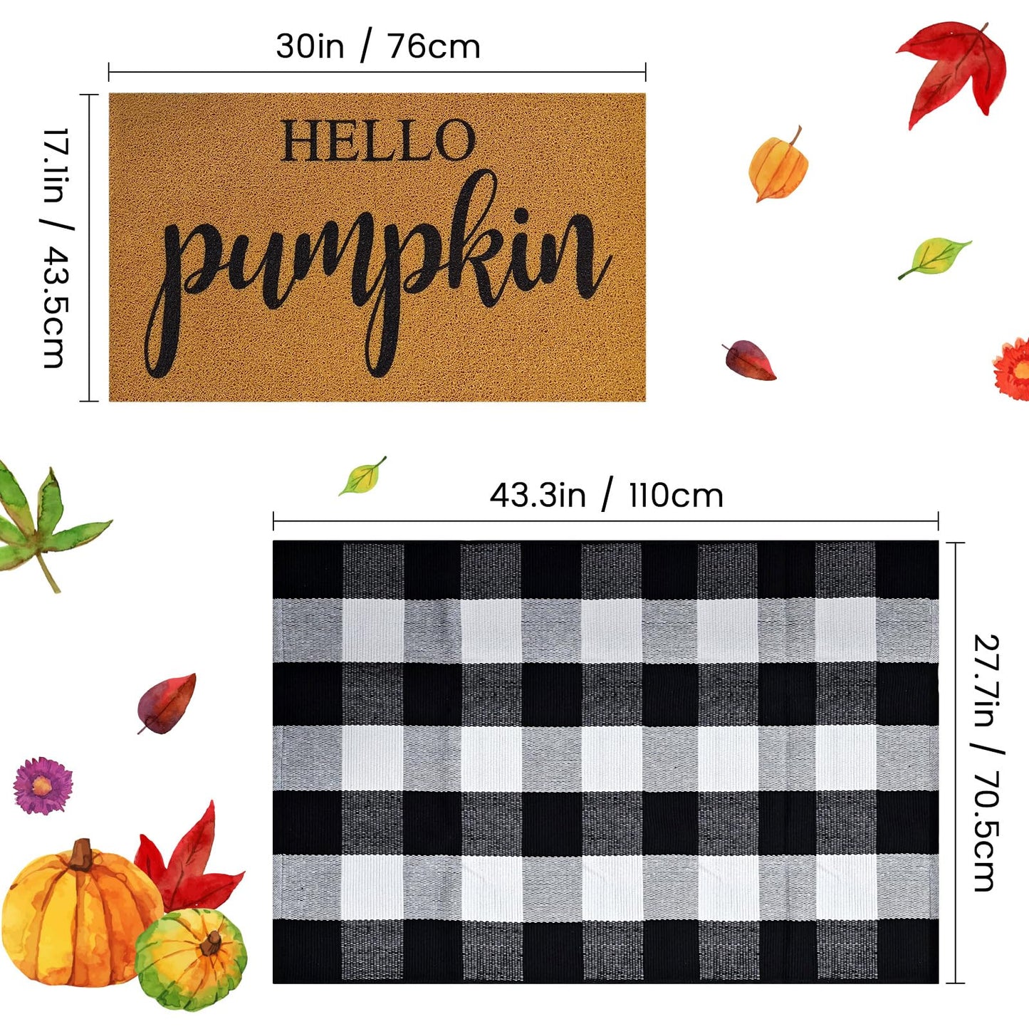2 Pcs Fall Door Mat Combo Set Imitation Coir Welcome Mat, 43" x 28" Buffalo Plaid Rug Outdoor for Fall Halloween Thanksgiving Rustic Farmhouse Indoor Autumn Mats Hello Pumpkin (Black and White Plaid)