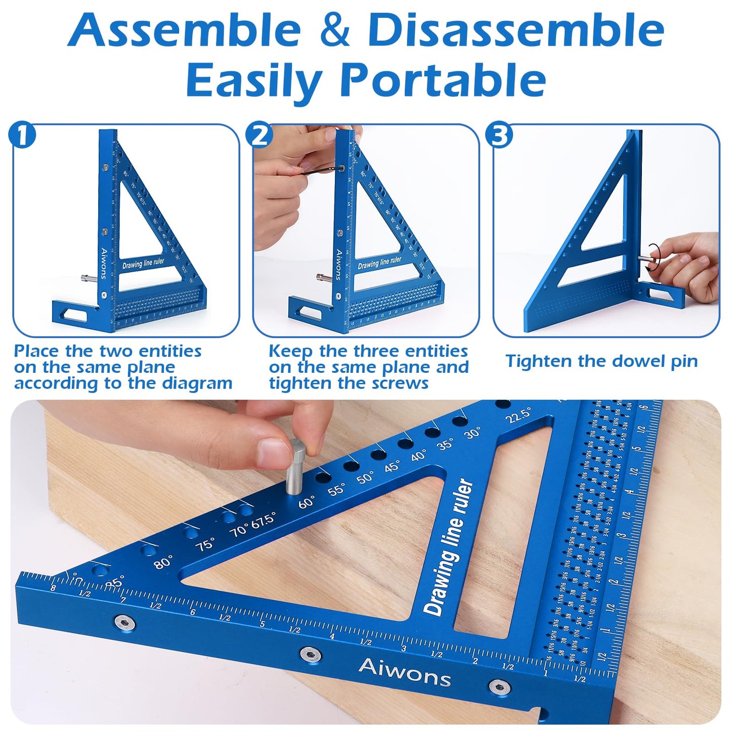 Aiwons 8.5inch 3D Multi-Angle Measuring Ruler -Large Precision Woodworking 3D Square Protractor 15-90 Degree and Miter Triangle Ruler - Aluminum Alloy Drawing Line Ruler for Engineer Carpenter Blue