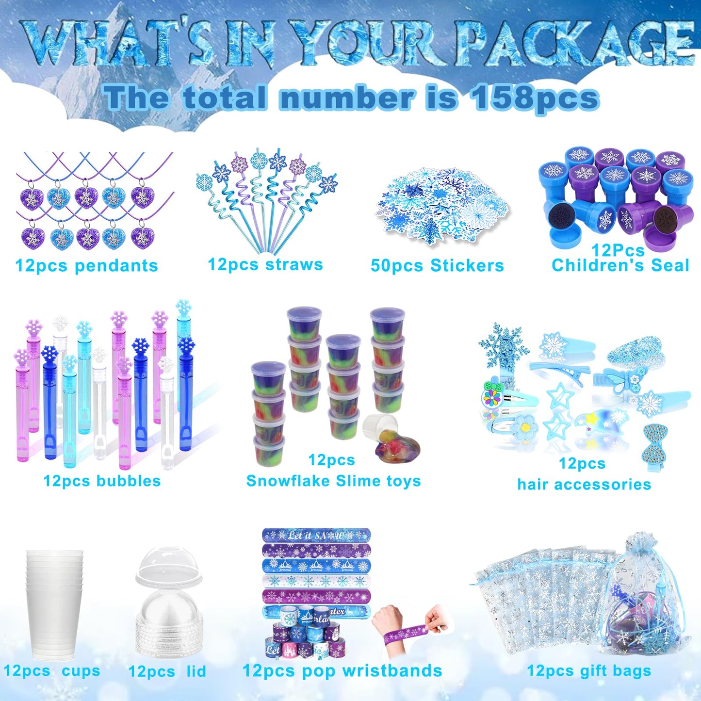 170PCS Birthday Party Favors for Girls, Snowflake Princess Theme Party Supplies - Includes Party Cups with Straws, Hairpins, Pendants, Bracelets, Stickers, Snowflake Toys, Goodie Bags