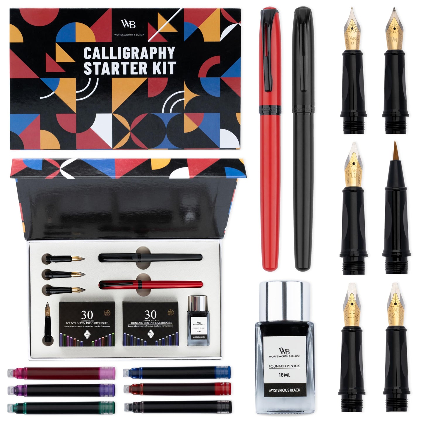 Wordsworth and Black Calligraphy Pen Set - Black - Includes 2 Calligraphy Pens, 18 ML Ink Bottle, 60 Ink Cartridges, A Refill Converter, 1 Medium and 4 Broad Nibs, Brush Pen
