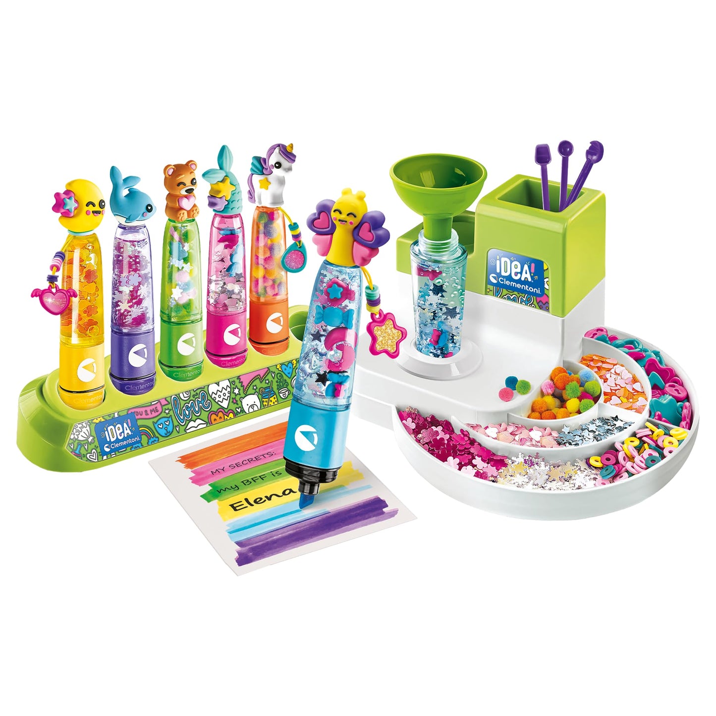 Clementoni - Idea - L’ Atelier des Fluos - Crée des Surligneurs Personnalisés – Paillettes Pompons et Anneaux pour des Idées Créatives - d'Artisanat – Coffret de Jeu Éducatif – Français – 52848