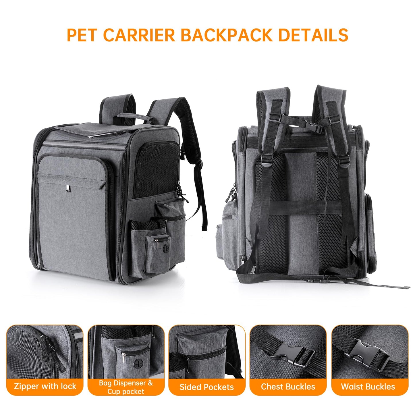 Cat Backpack Carrier,Double Side Expandable Cat Carrier Backpack,Dog Carrier Backpack for Medium Cats and Small Dogs,Puppies Up to 20 Lbs,Pets Carrier Backpack with Breathable Mesh(Grey)