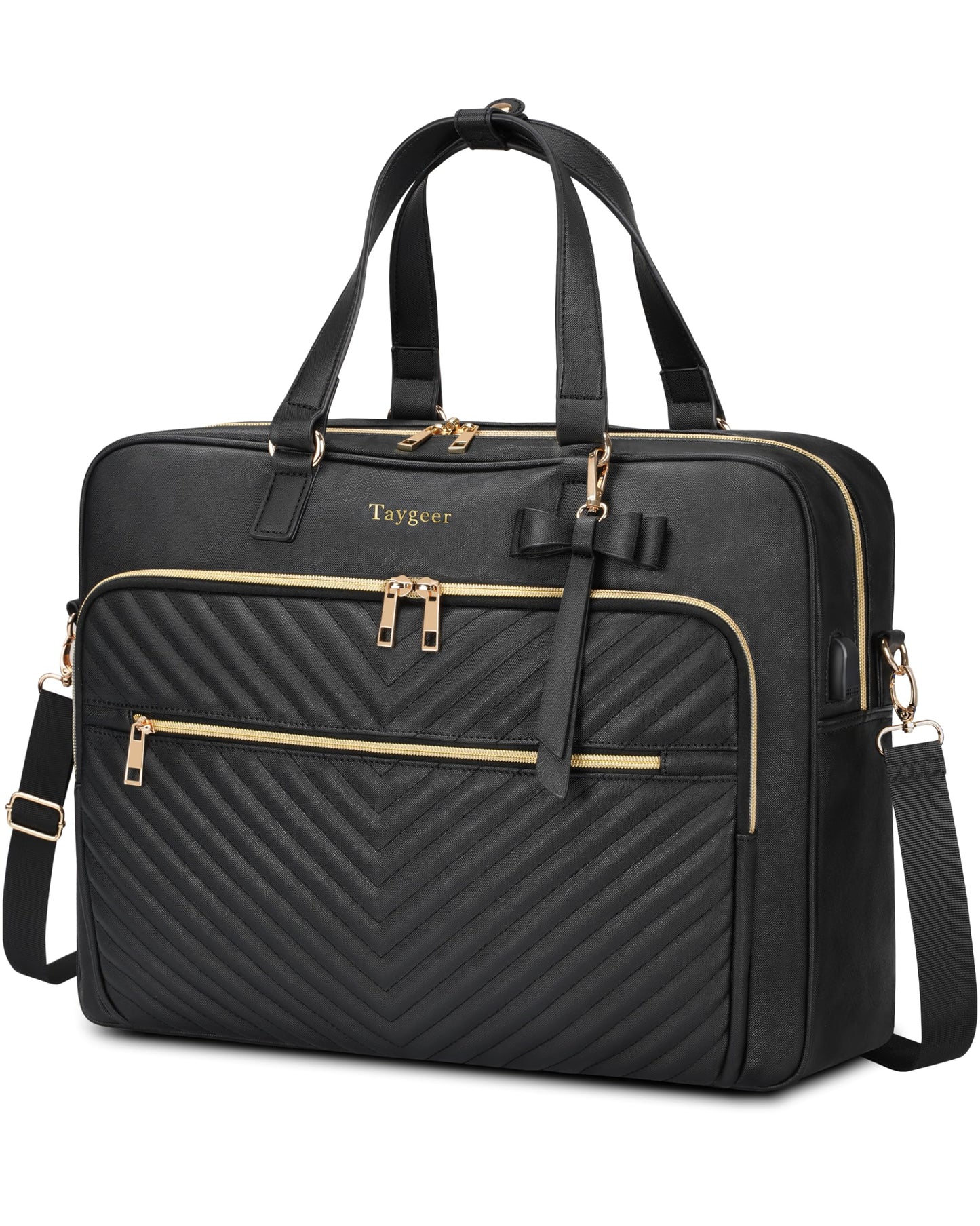 Taygeer 17 Inch Laptop Bags for Women,Large Convertible Quilted Briefcase Backpack with USB Port, Waterproof Leather Work Tote Bags,Shoulder Computer Handbags for Office Business, Black