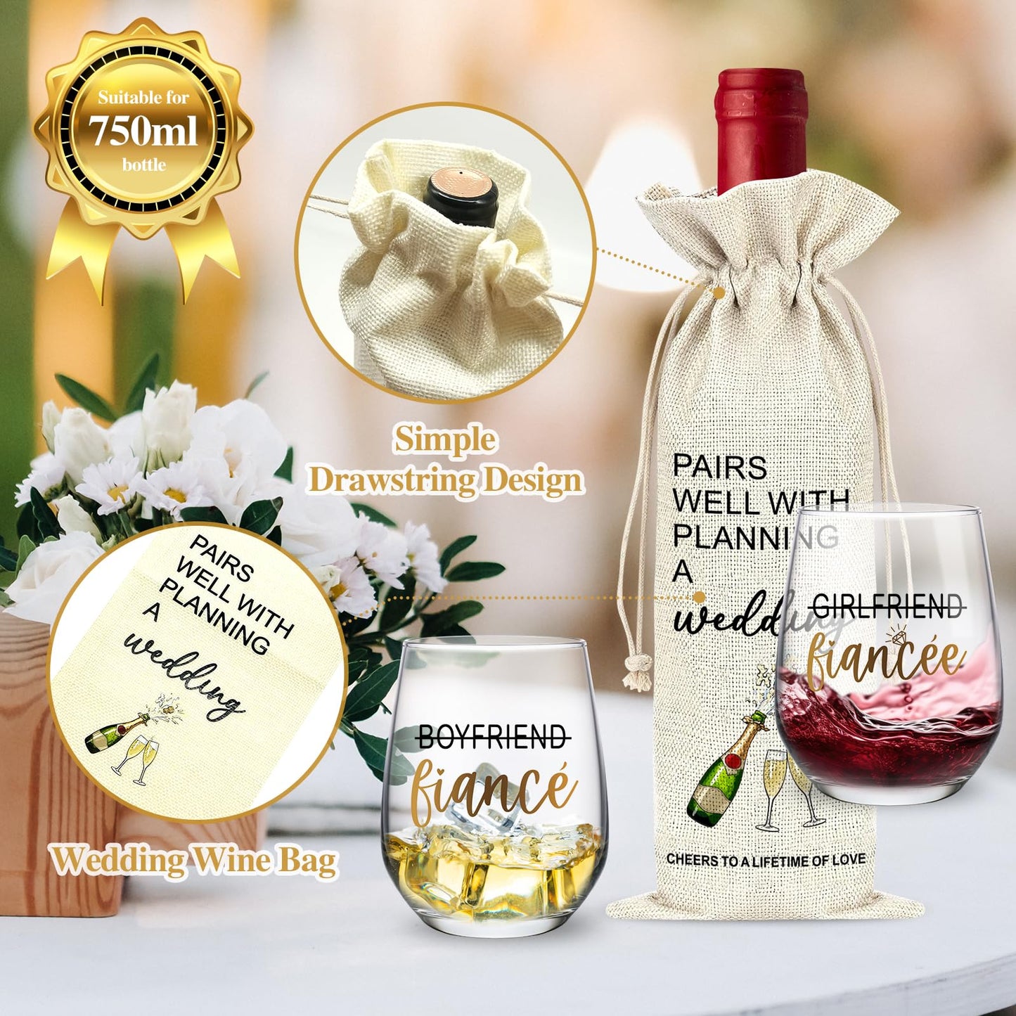 JTAMOHI Engagement Gifts for Couples, 5 Pcs Fiance Fiancee Wine Glass Gifts Set, Engagement Gifts for Newly Engaged Couples, Fiance Fiancee Gifts for Him and Her, Newlywed Wedding Gifts, Bridal Shower