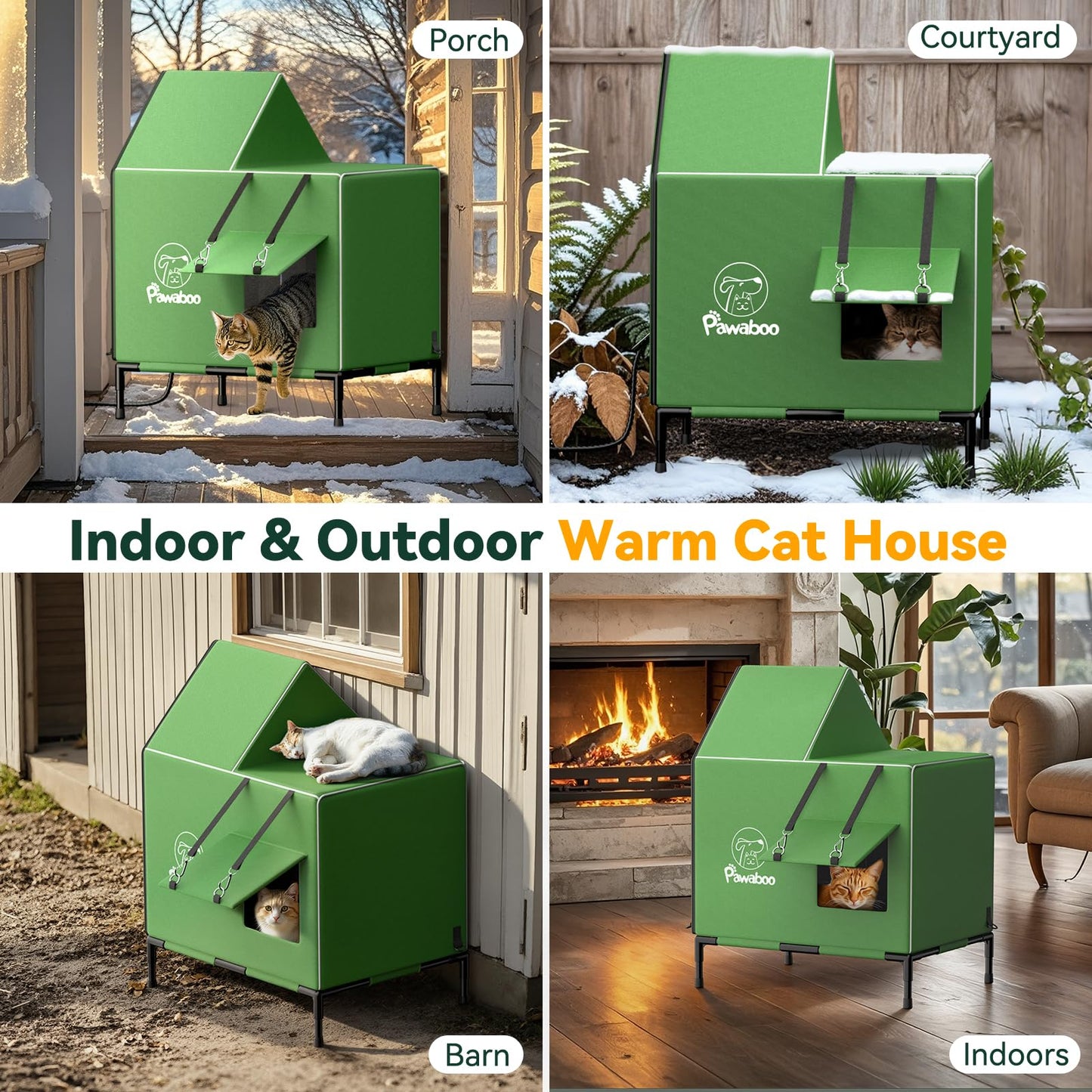 Pawaboo Heated Cat House for Outdoor in Winter, Weatherproof Cats Shelter for Outside with Waterproof Awning & Elevated Base, Insulated Outdoor Cats House with Heater for Feral Barn Cat
