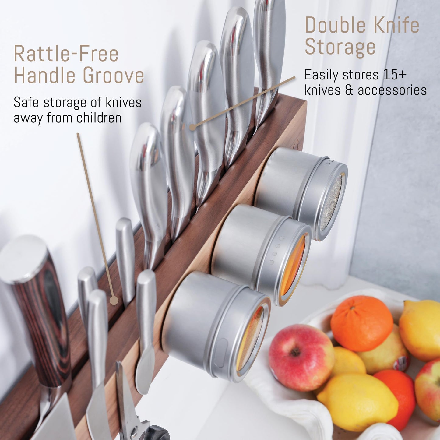 Walnut 16 inch Magnetic Knife Holder for Wall with Double Storage & Charming Wood - Knife Magnet Wall Mount, Magnetic Knife Strip, Magnetic Knife Block