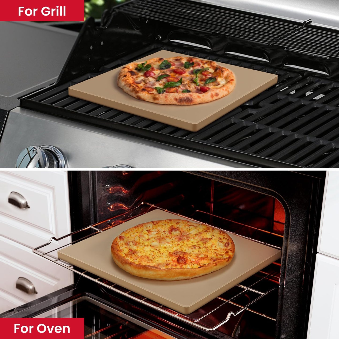 Unicook Pizza Stone for Oven and Grill, 13 inch Square Heavy Duty Ceramic Pizza Pan, Thermal Shock Resistant Baking Stone for BBQ and Grill, Making Crispy Pastry, Bread, Cookie and More