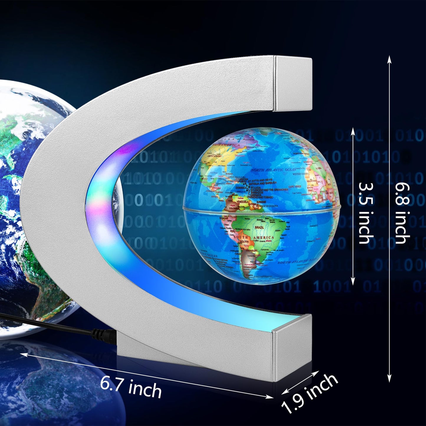 MOKOQI Magnetic Levitating Globe with LED Light, Cool Tech Gift for Men Father Boys and Girls , Birthday Gifts for Kids, Floating Globes World Desk Gadget Decor in Office Home/Display Frame Stand (Sliver)