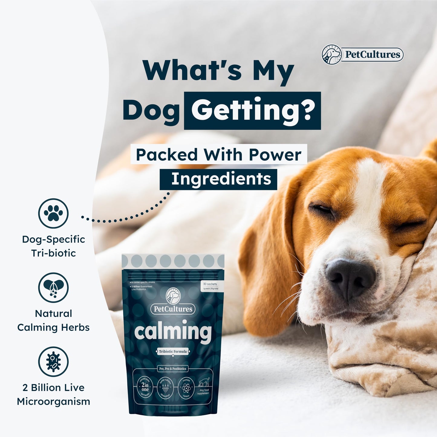 PetCultures Calming Supplement for Dogs, 30 Pks Powder, Probiotics for Dogs with 2 Bill CFU & 6 Canine Specific Strains, 100 mg L Tryptophan & L-Theanine for Dogs, Dog Anxiety Relief, Made in USA
