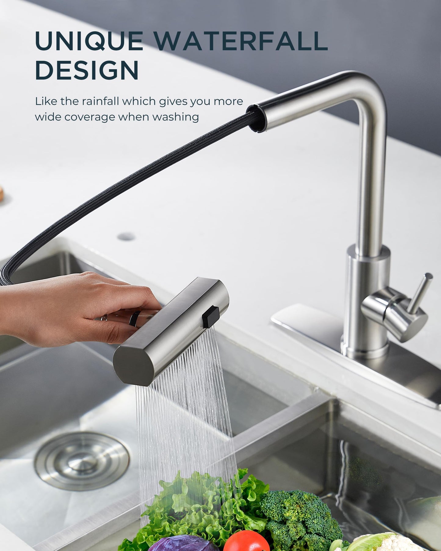 FORIOUS Kitchen Faucet with Pull Down Sprayer, Waterfall Sink Faucet for 3 Function, Stainless Steel Single Handle Modern Laundry Faucet for Farmhouse, Camper, Rv, Bar, Brushed Nickel