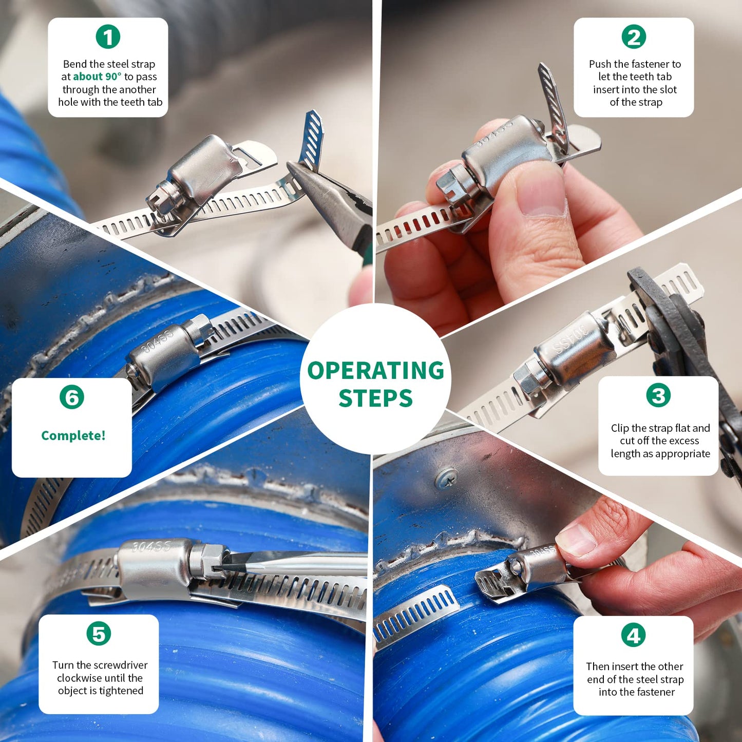 OURU 50FT Hose Clamps,304 Stainless Steel Hose Clamp Assortment Kit DIY Metal Strapping with Holes+20 Fasteners,Adjustable Worm Gear Large Hose Clamps Metal Band Screw Clamp Straps for Pipe,Duct,Tube