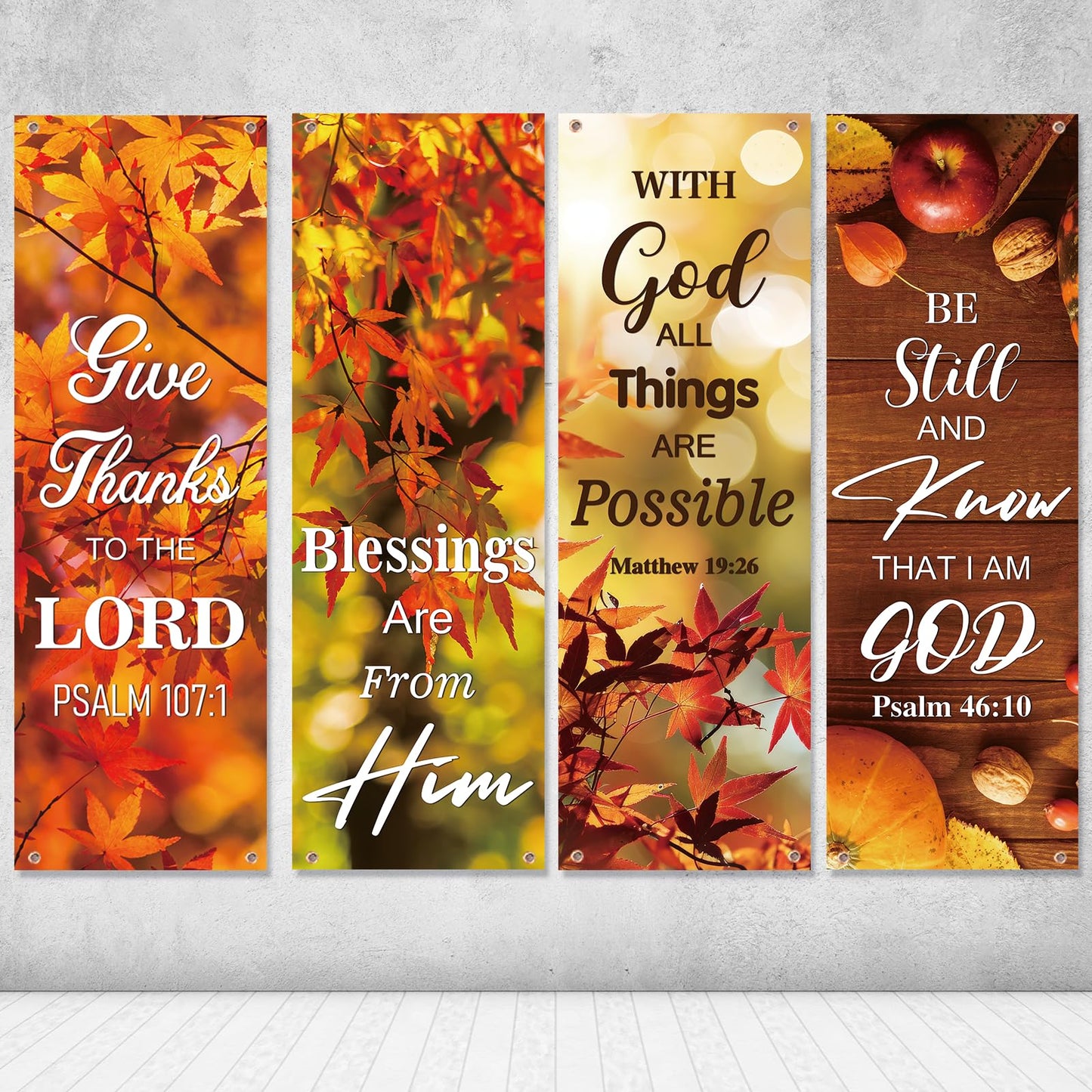 4 Pcs Fall Harvest Church Banners with Bible Verse Backdrop, Religious Praise Hanging Signs, for Church Decorations Sanctuary Wall Fall Harvest Banners