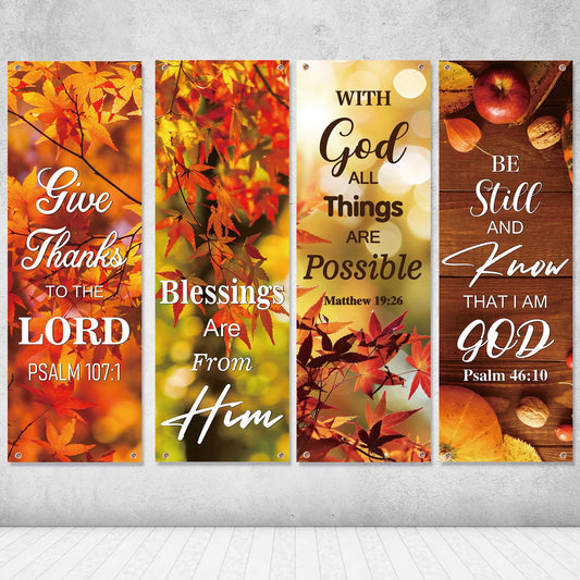 4 Pcs Fall Harvest Church Banners with Bible Verse Backdrop, Religious Praise Hanging Signs, for Church Decorations Sanctuary Wall Fall Harvest Banners