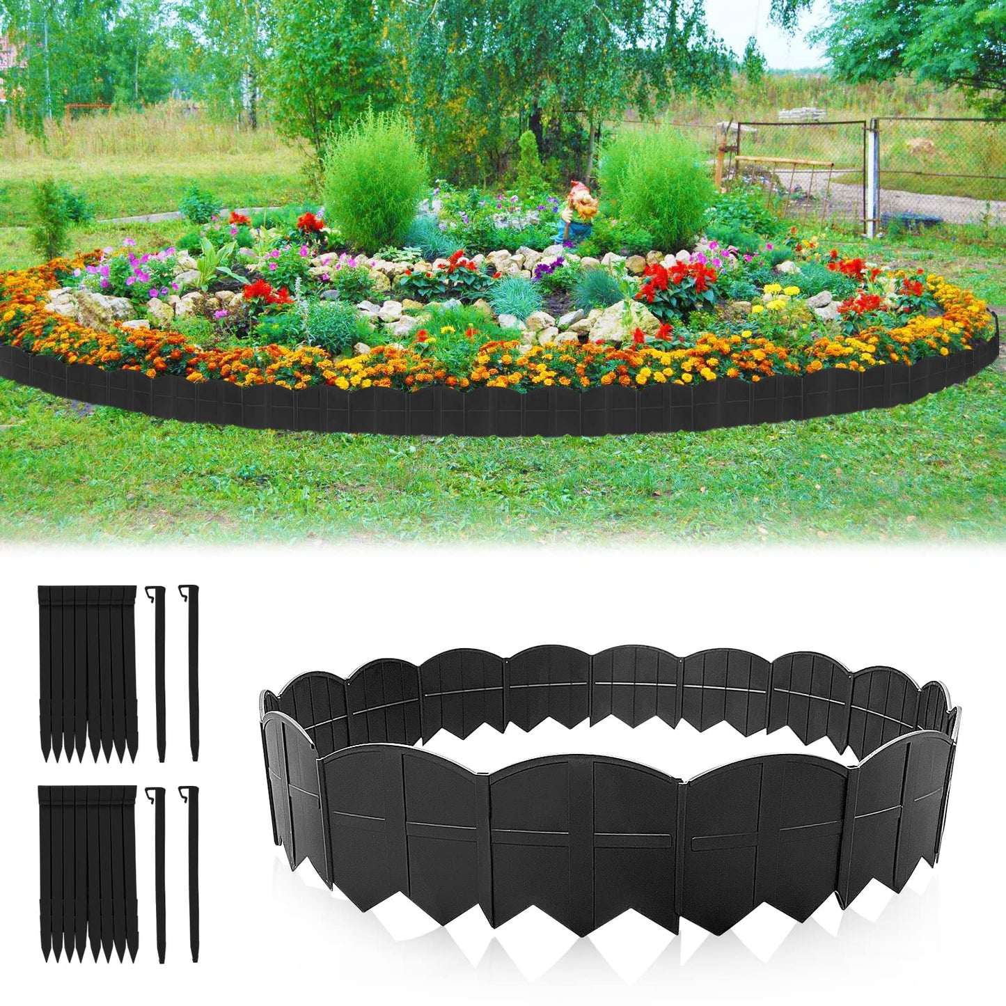 Vashly 20 pcs 10.17ft x5.9Inch H with 20 Spikes No Dig Plastic Lawn Edging Garden Edging Border Landscape Edging Kit, for Outdoor Patio Pathway,The Yard,Lawn Garden Flower Bed Border Edging