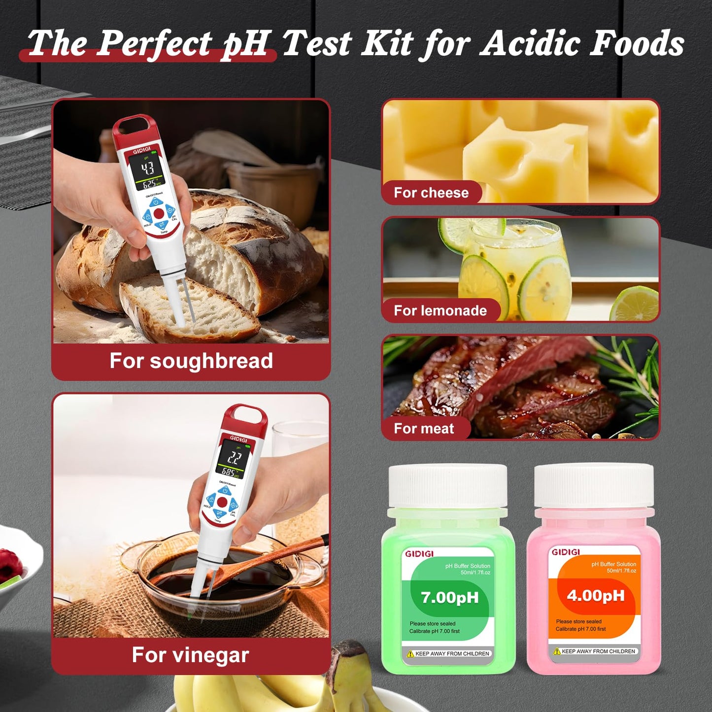 GIDIGI Digital pH Meter for Food Professional pH Meter for Fermentation with pH Calibration Kits (4.00/7.00/10.01) Spear Tip pH Food Tester Probe for Cheese Sourdough pH Test Strips for Food Acidity