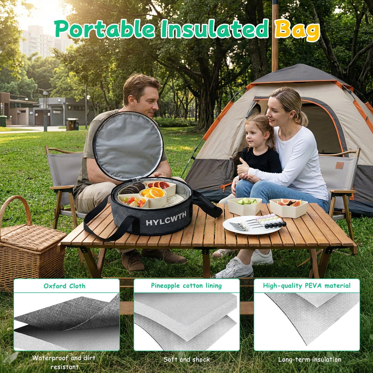 Divided Serving Tray with Lid and Handle, Rounded Snackle Box with 6 Compartments and Chill Base for Fruits, Candy, Veggie, Travel Snack Container with Portable Insulated Bag & Ice Cube Tray & 5 Forks