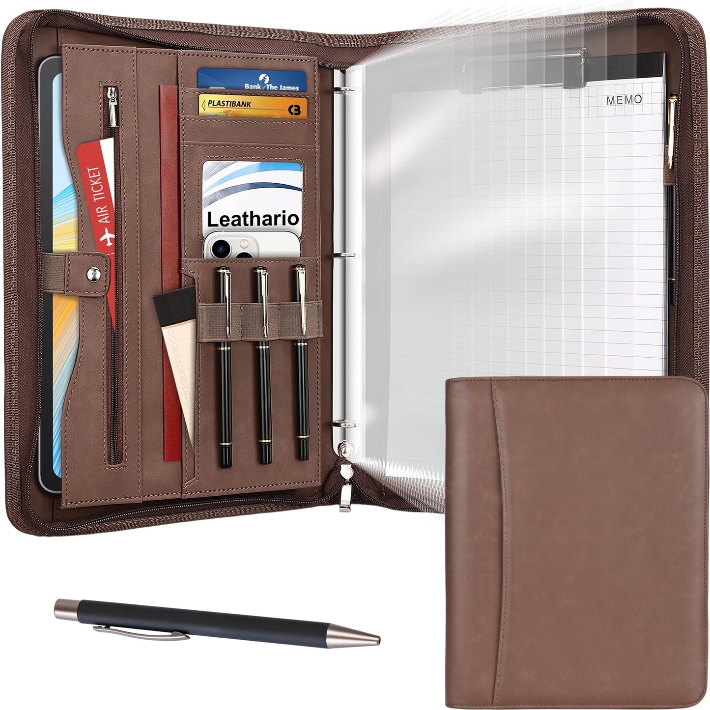 Leathario Portfolio Folder, Vegan Leather 3-Ring Binder, Includes 10 Clear Sheet Protectors and a Pen, Multi-Pocket A4 Padfolio for Tablets, Files and Business Documents, Office Supplies