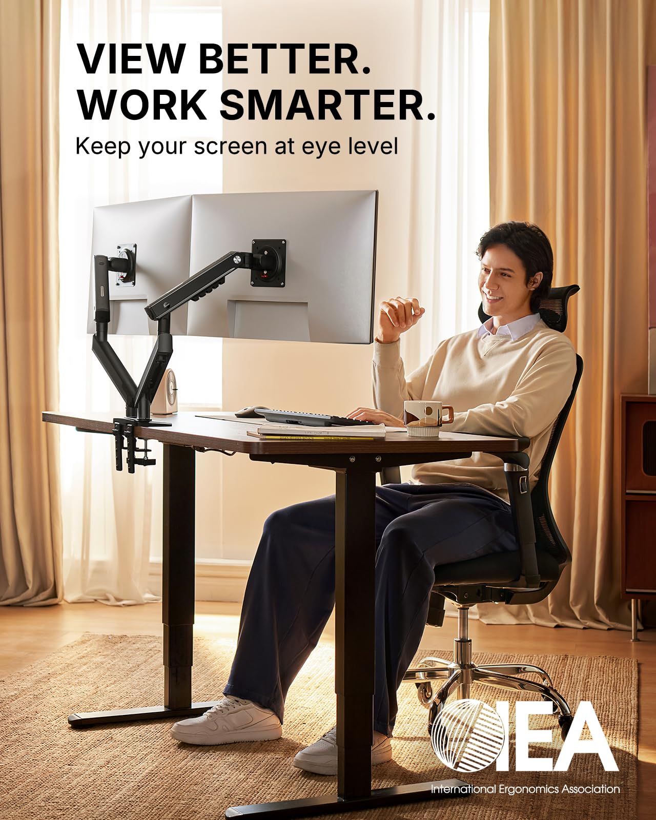 HUANUO FlowLift™ Pro Dual Monitor Arm for 13–32" Screens, MechaSpring Monitor Mount, Adjustable Monitor Arm with Tilt/Swivel/Rotation, Tool-Free VESA Mount, C-Clamp/Grommet Base, Max Load 19.8 lbs